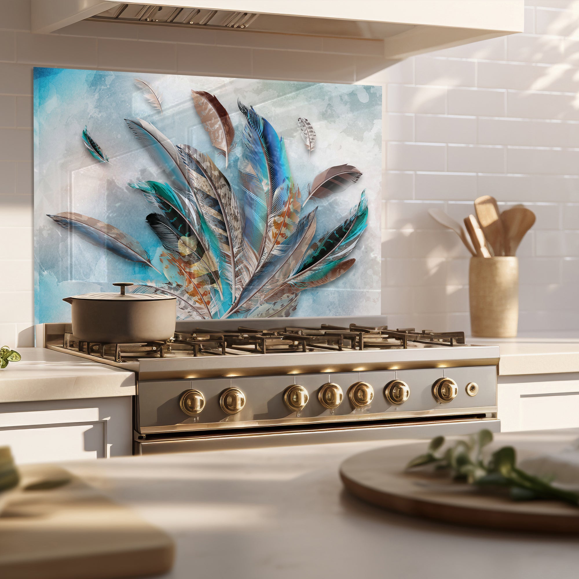 Feather Burst Tempered Glass Backsplash – Colorful Kitchen Art Panel