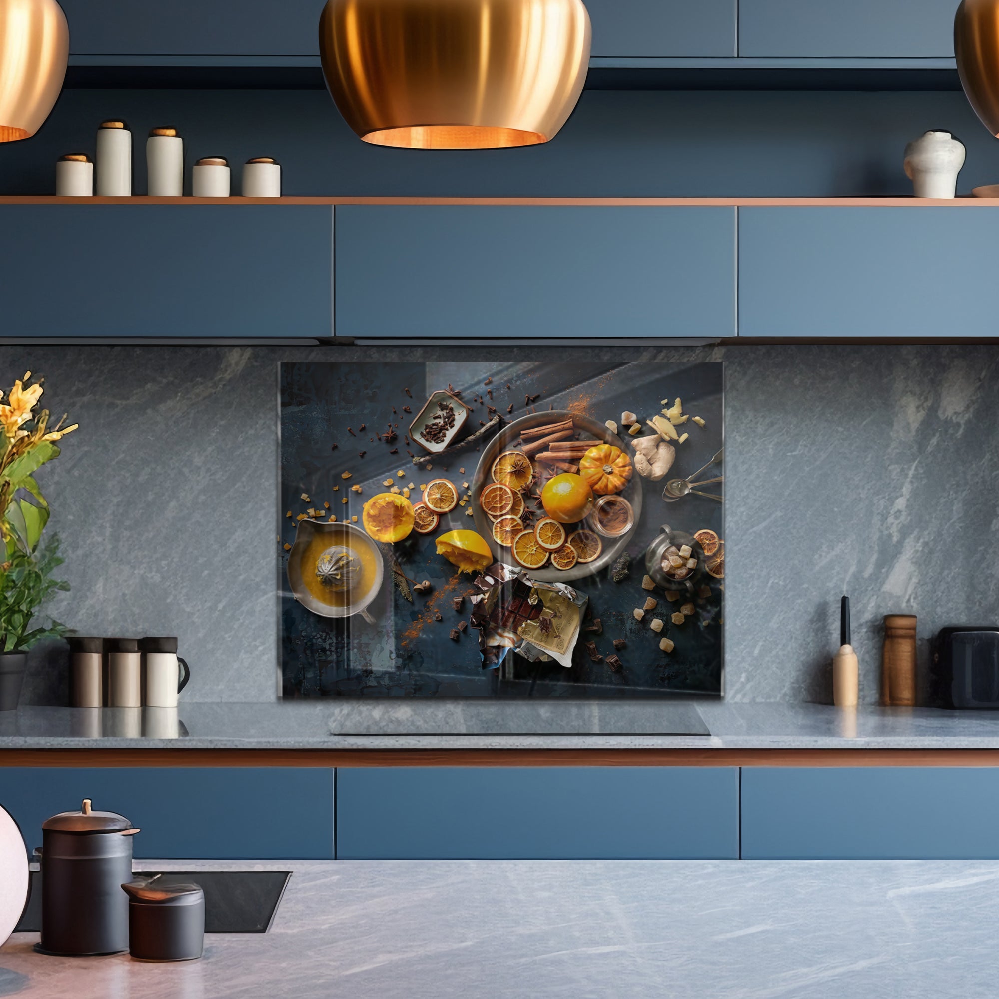 Orange & Spice Tempered Glass Backsplash – Cozy Gourmet Kitchen Wall Panel