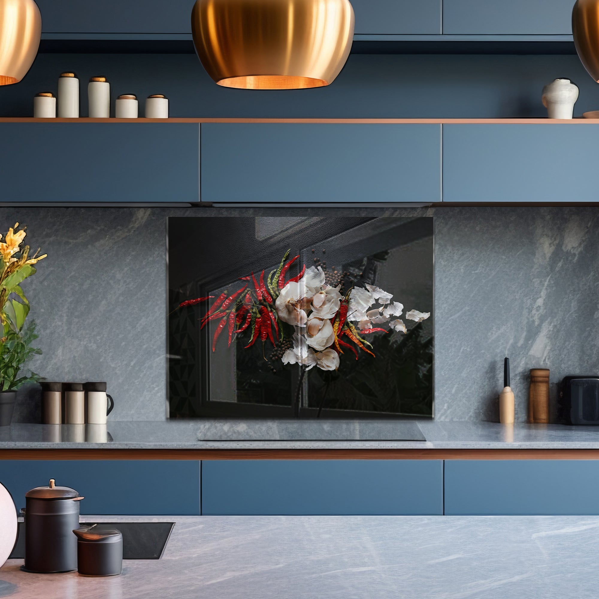 Chili & Garlic Tempered Glass Backsplash – Bold Spicy Kitchen Wall Panel