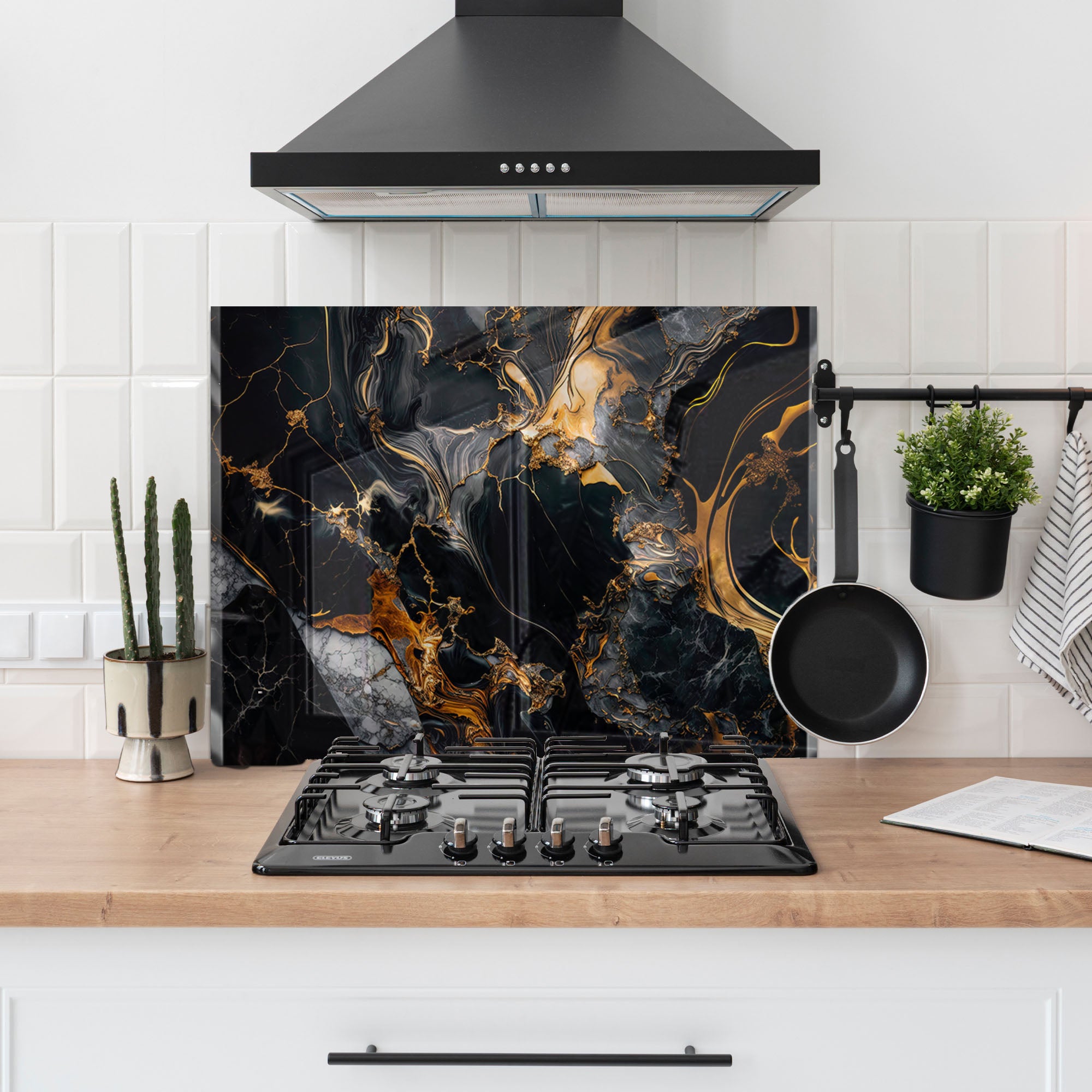 Black and Gold Marble Tempered Glass Stove Backsplash – Heat-Resistant Modern Kitchen Wall Panel
