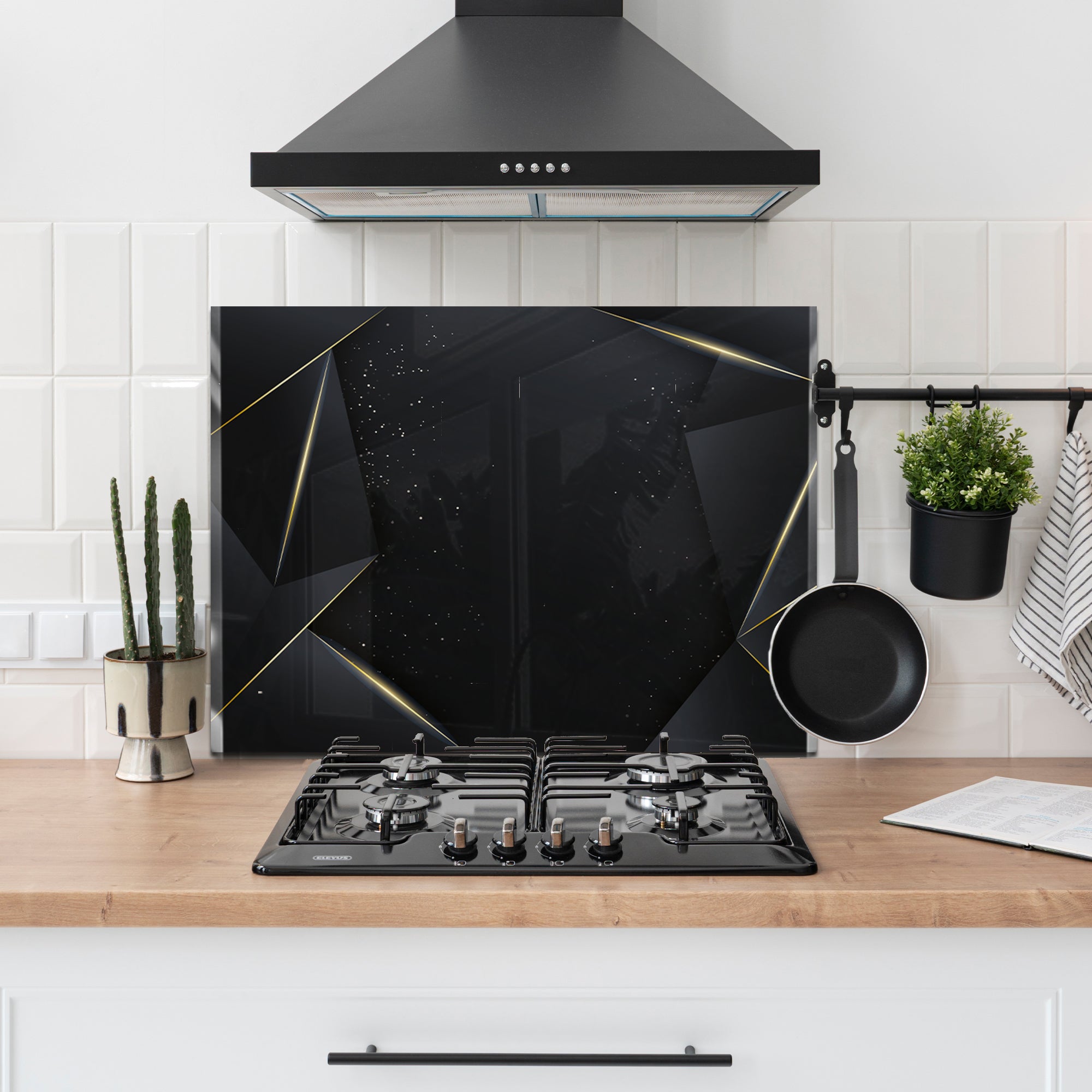 Black & Gold Geometric Tempered Glass Backsplash – Luxury Kitchen Panel