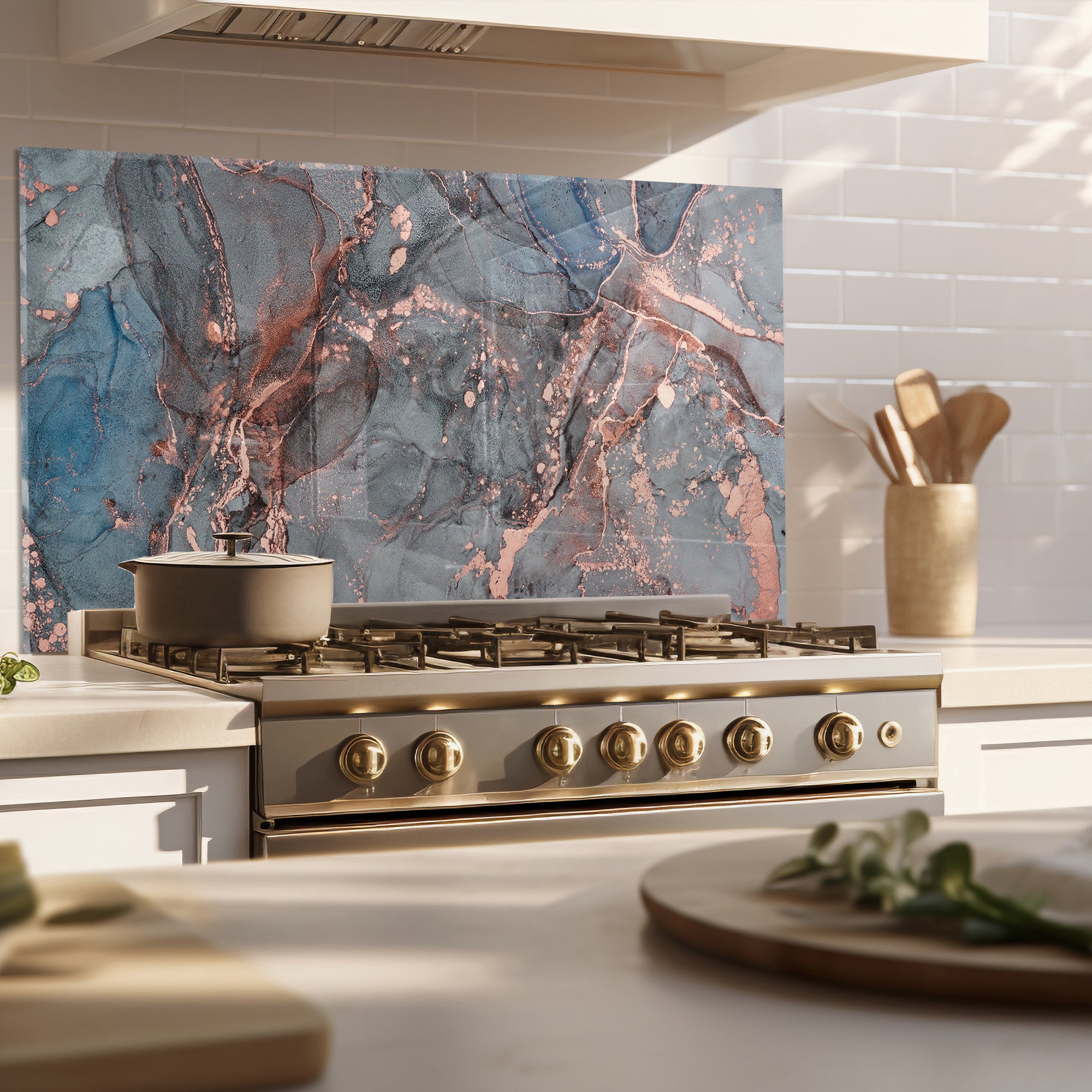 Smoky Rose Marble Tempered Glass Backsplash – Grey & Copper Abstract Panel
