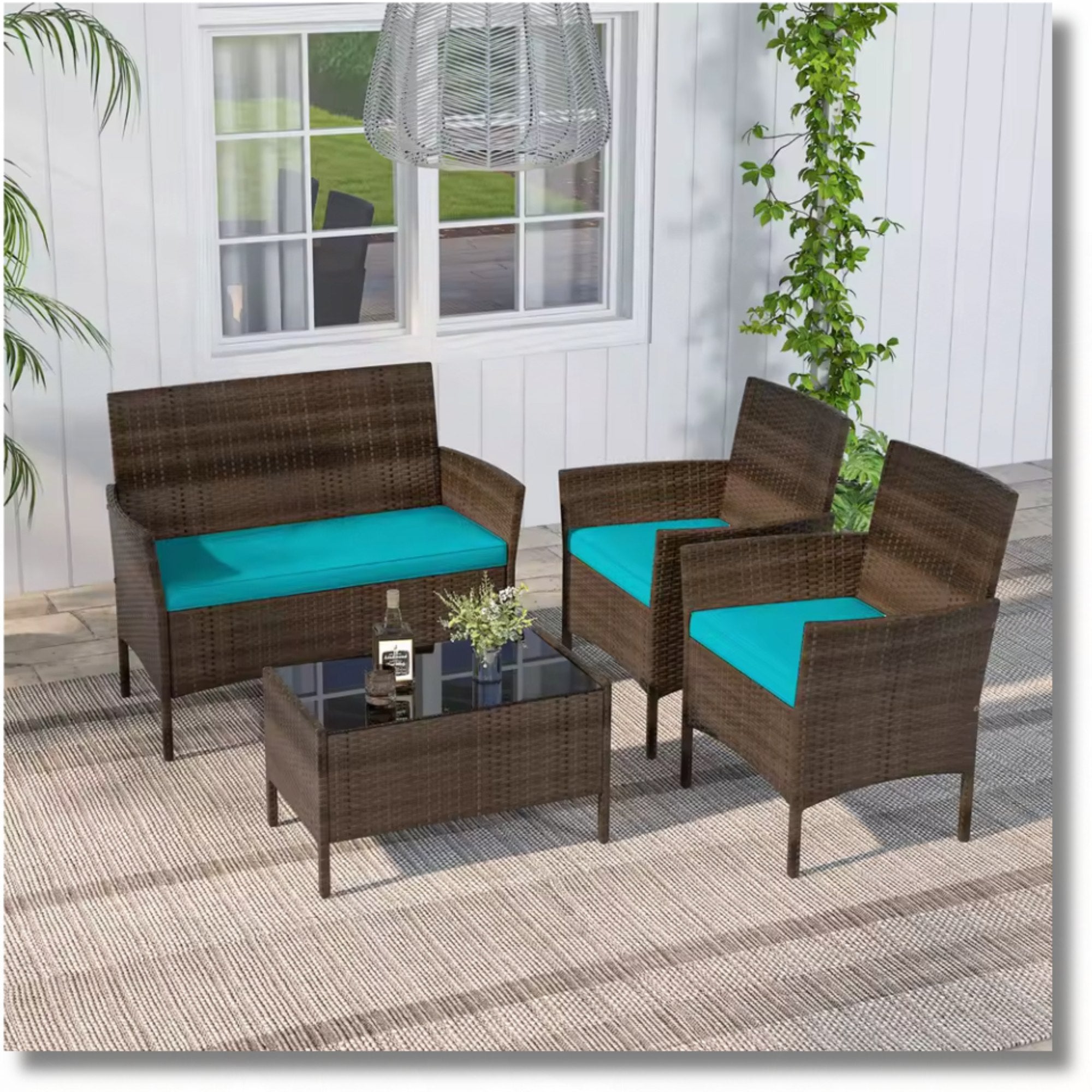 8PCS Outdoor Sectional Set by Add2Home – PE Rattan with Turquoise Cushions