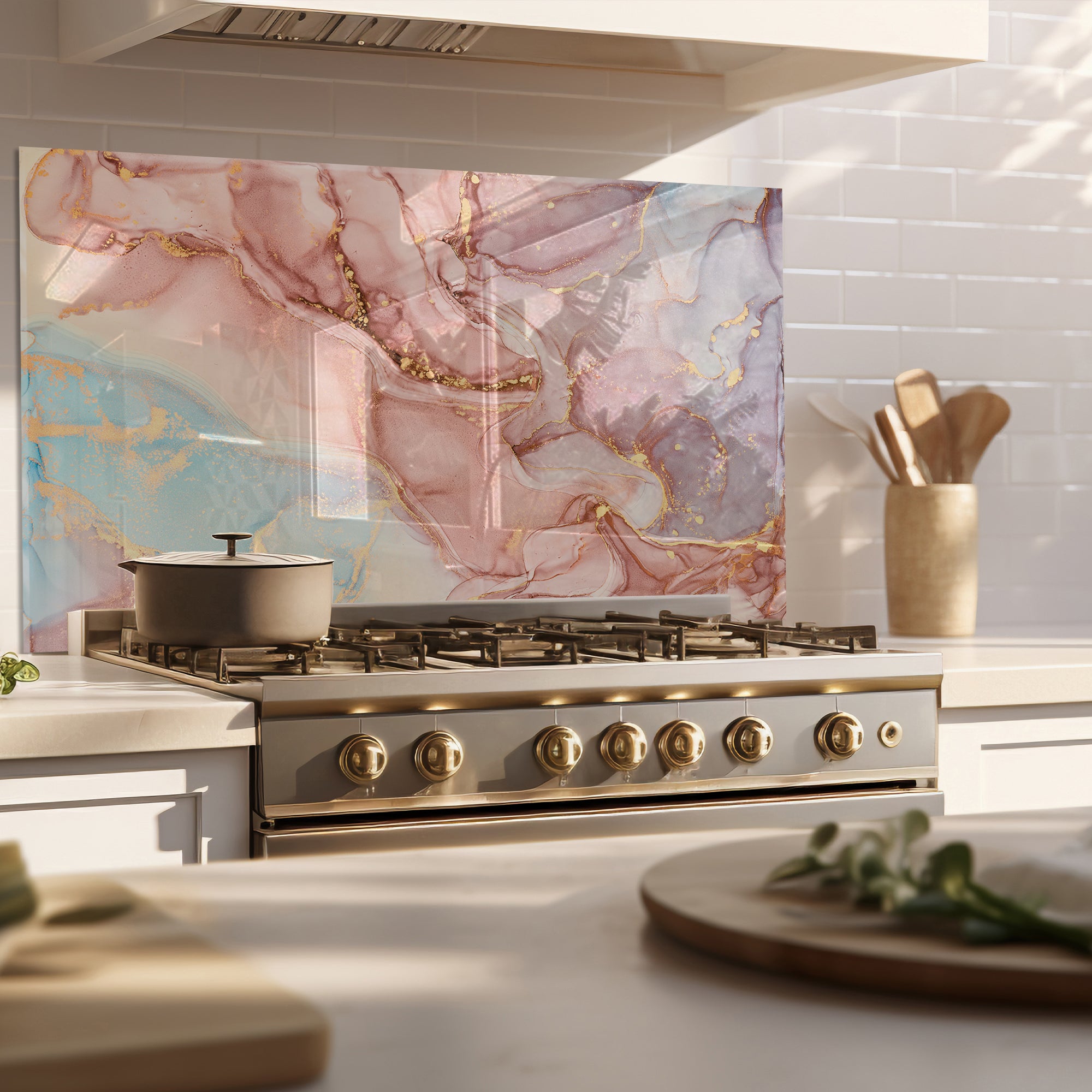 Pink Ink Marble Glass Backsplash – Elegant Abstract Kitchen Panel