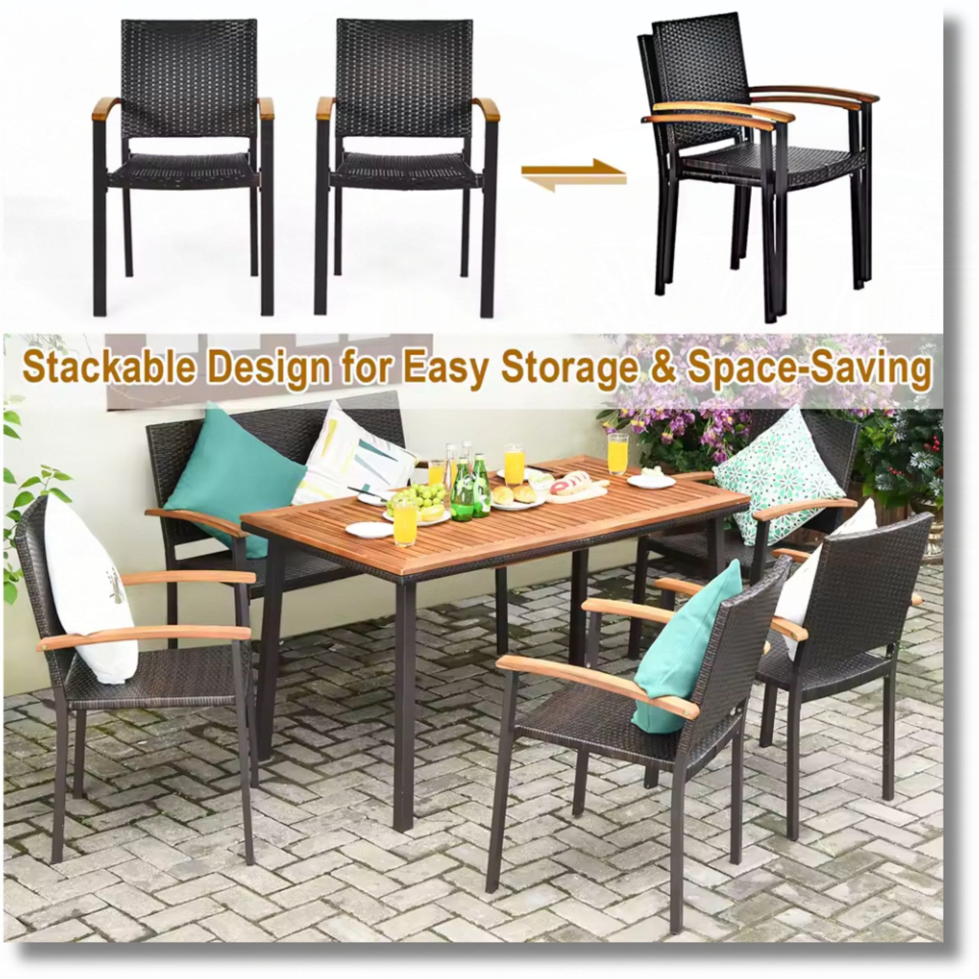 6PCS Patio Dining Set by Add2Home – Acacia Wood Table & Rattan Seating