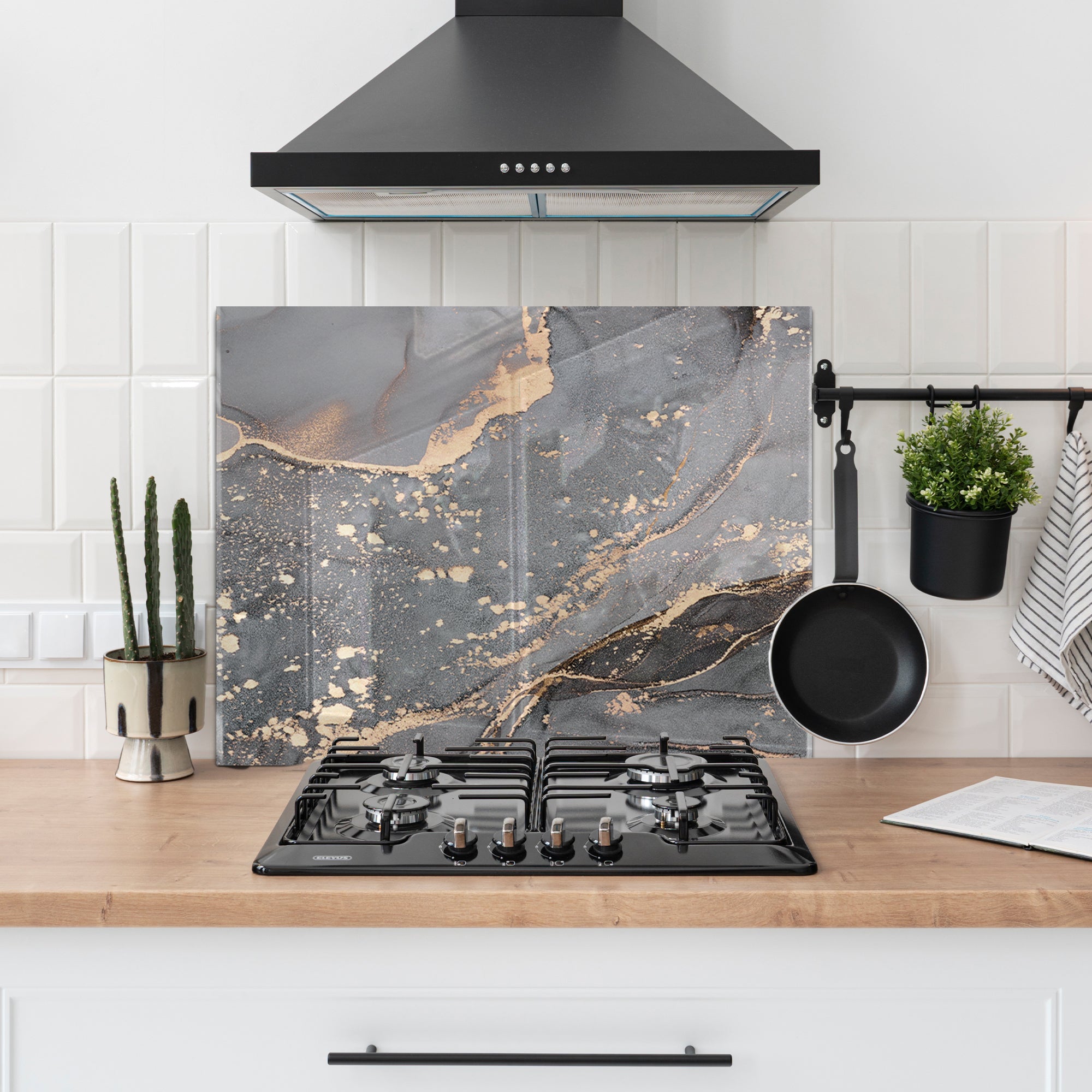 Grey Marble Tempered Glass Backsplash – Gold Vein Luxury Kitchen Panel