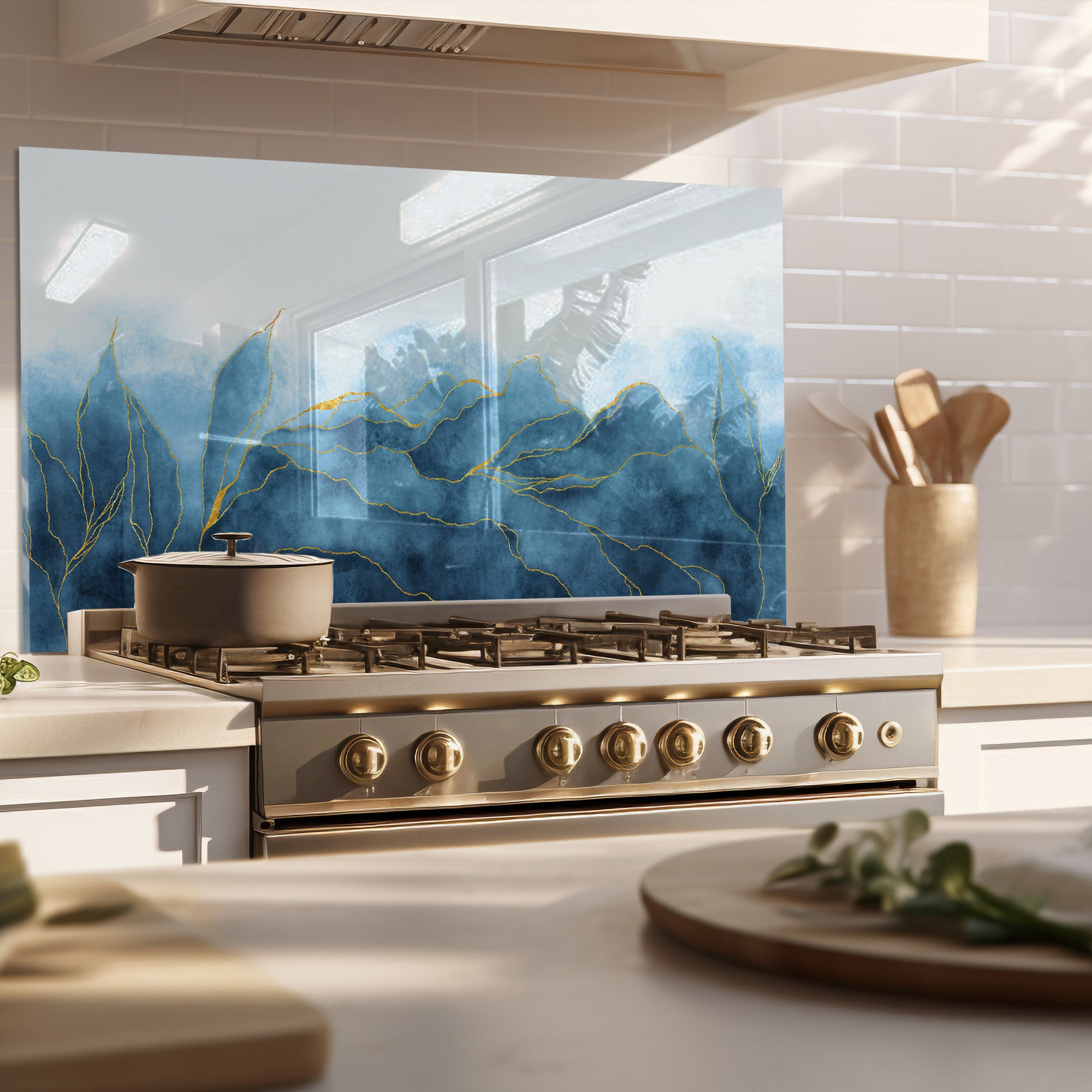 Blue Mountains Glass Backsplash – Gold Line Abstract Kitchen Panel