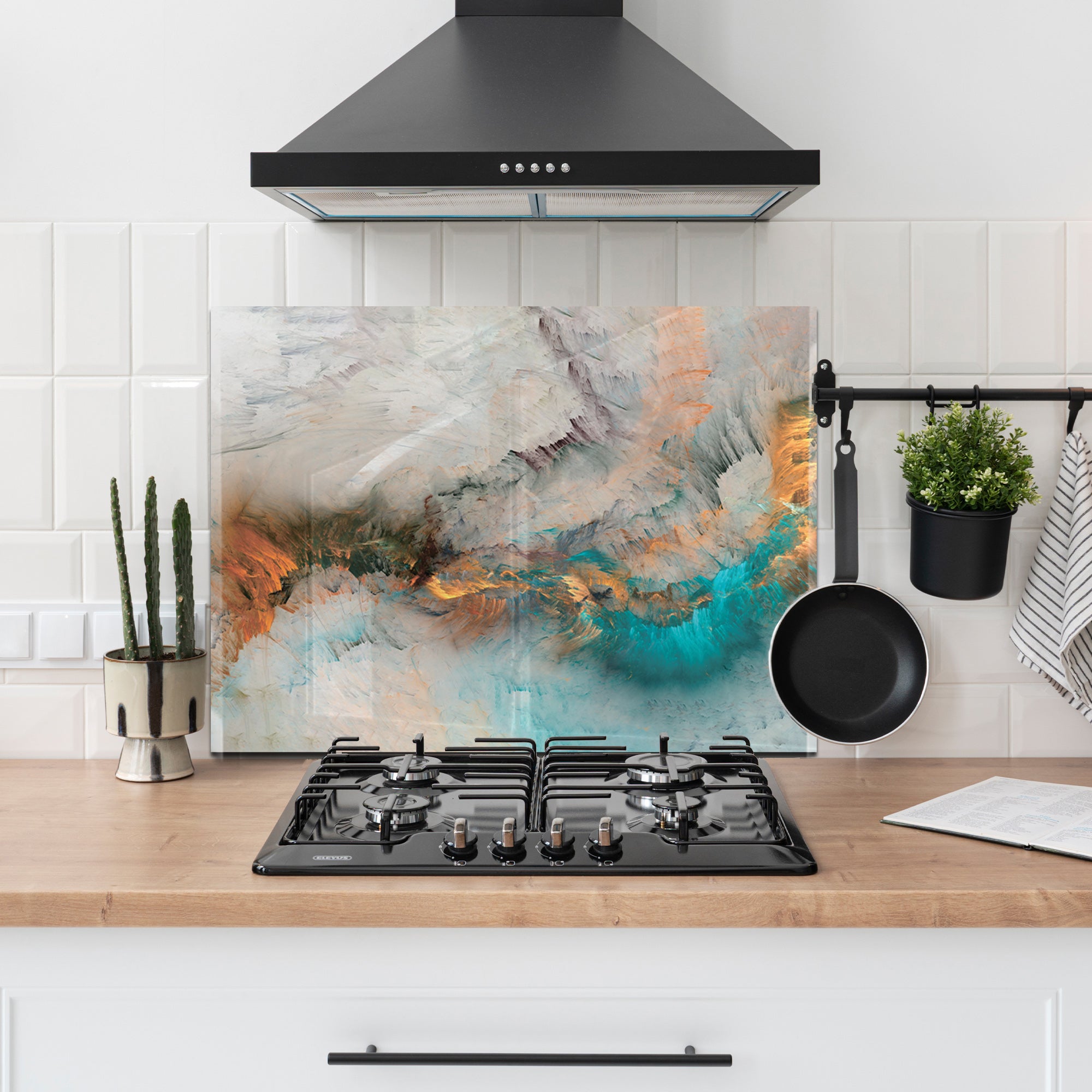 Abstract Ocean Mist Tempered Glass Backsplash – Turquoise & Copper Art Panel