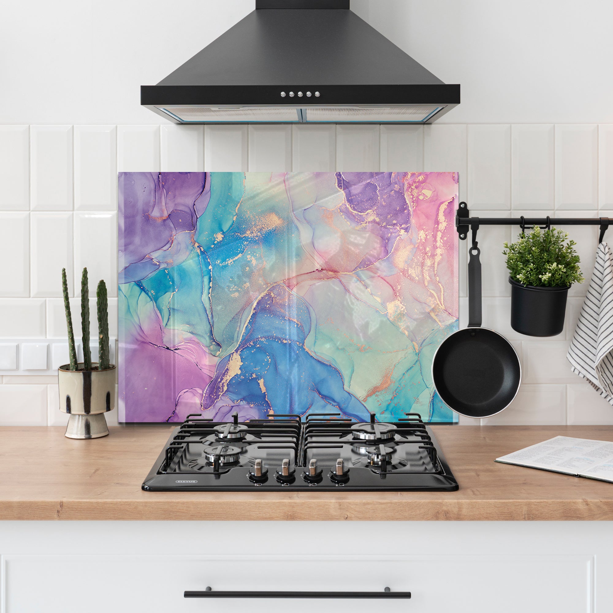 Colorful Ink Marble Glass Backsplash – Purple & Blue Abstract Kitchen Panel