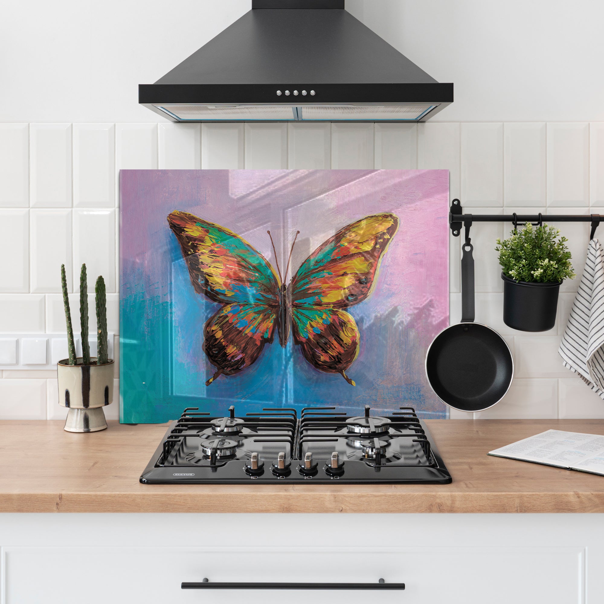 Colorful Butterfly Tempered Glass Backsplash – Artistic Kitchen Wall Panel