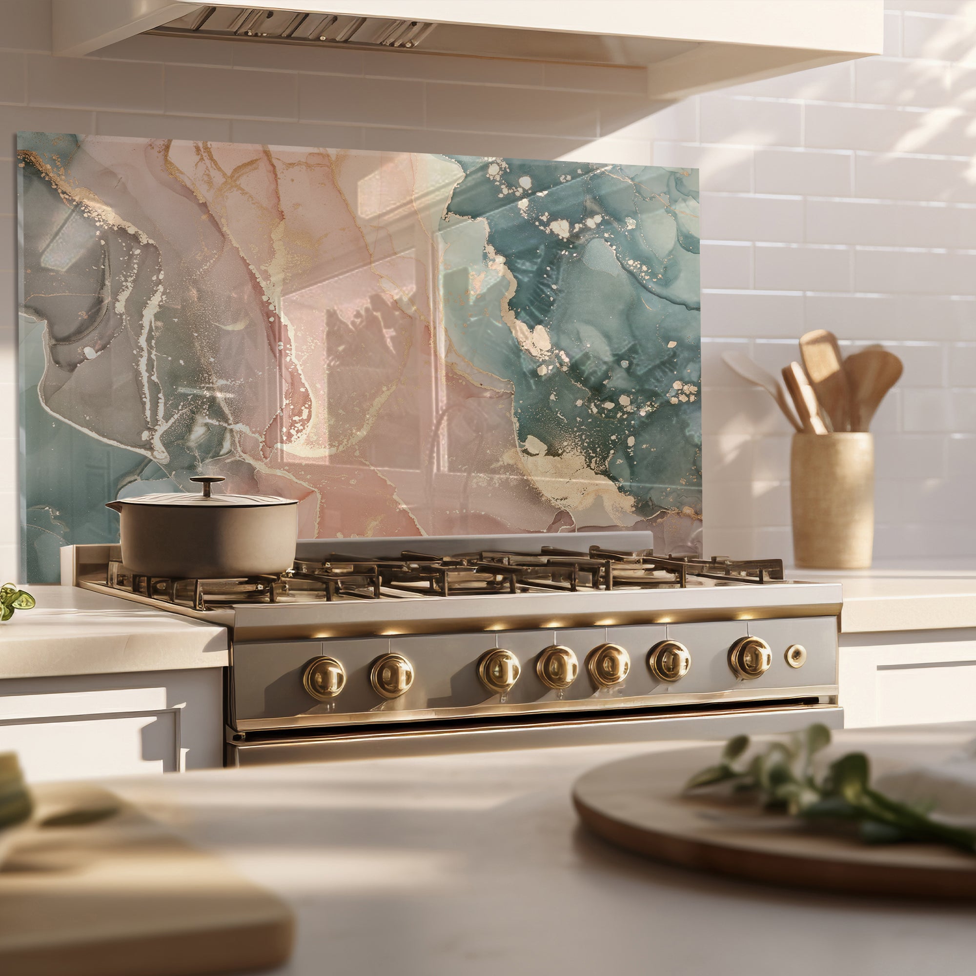 Green & Beige Ink Marble Glass Backsplash – Abstract Kitchen Panel