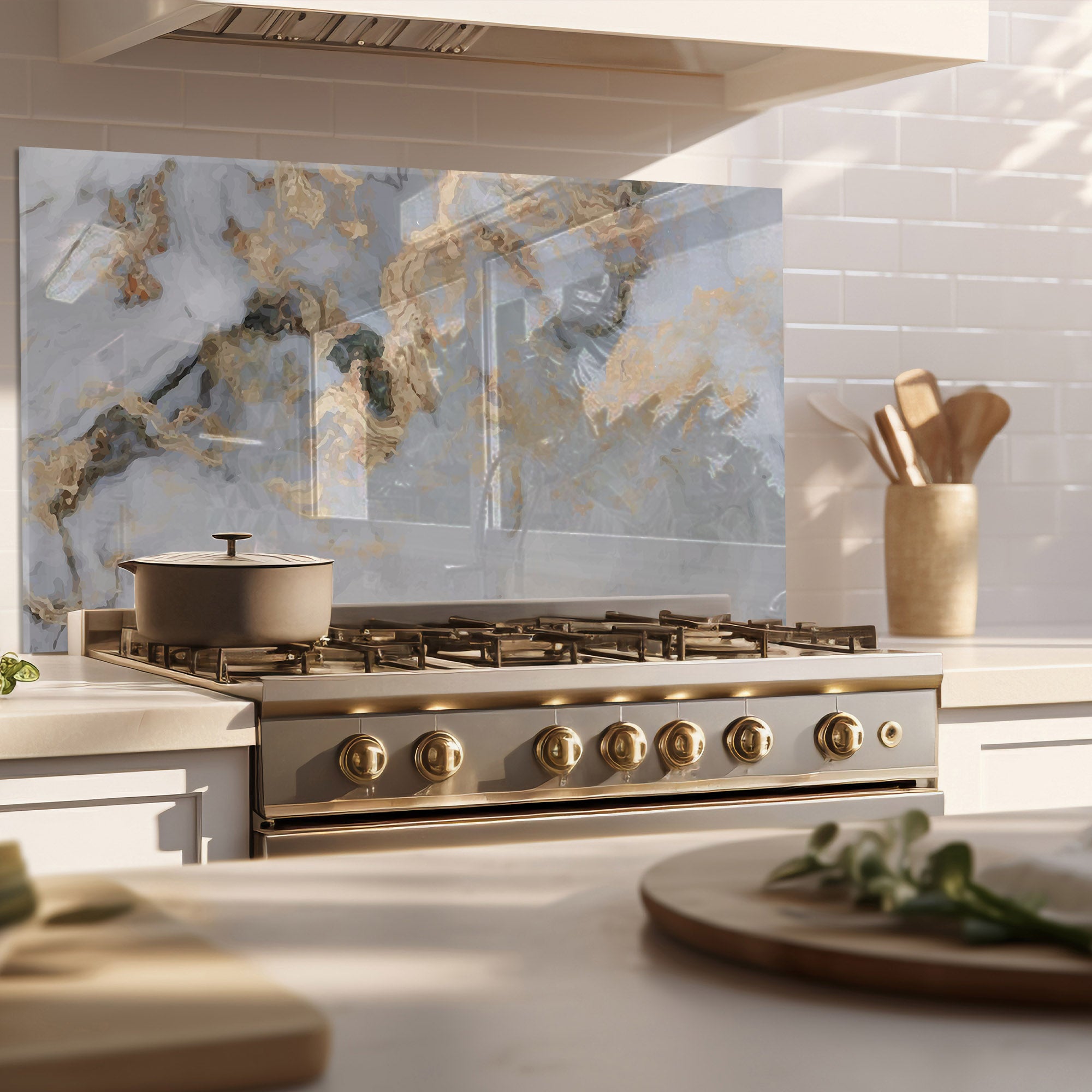 White & Gold Marble Tempered Glass Backsplash – Elegant Kitchen Wall Panel