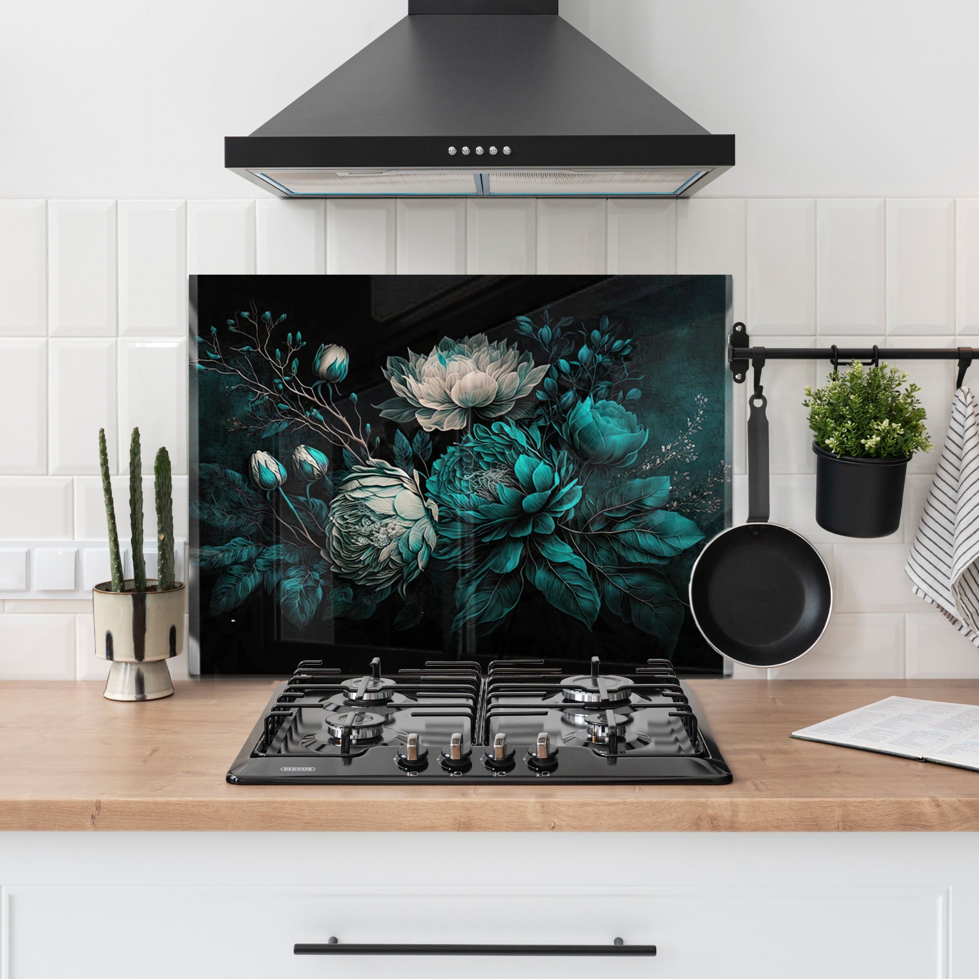 Floral Elegance Tempered Glass Backsplash – Dark Botanical Kitchen Panel