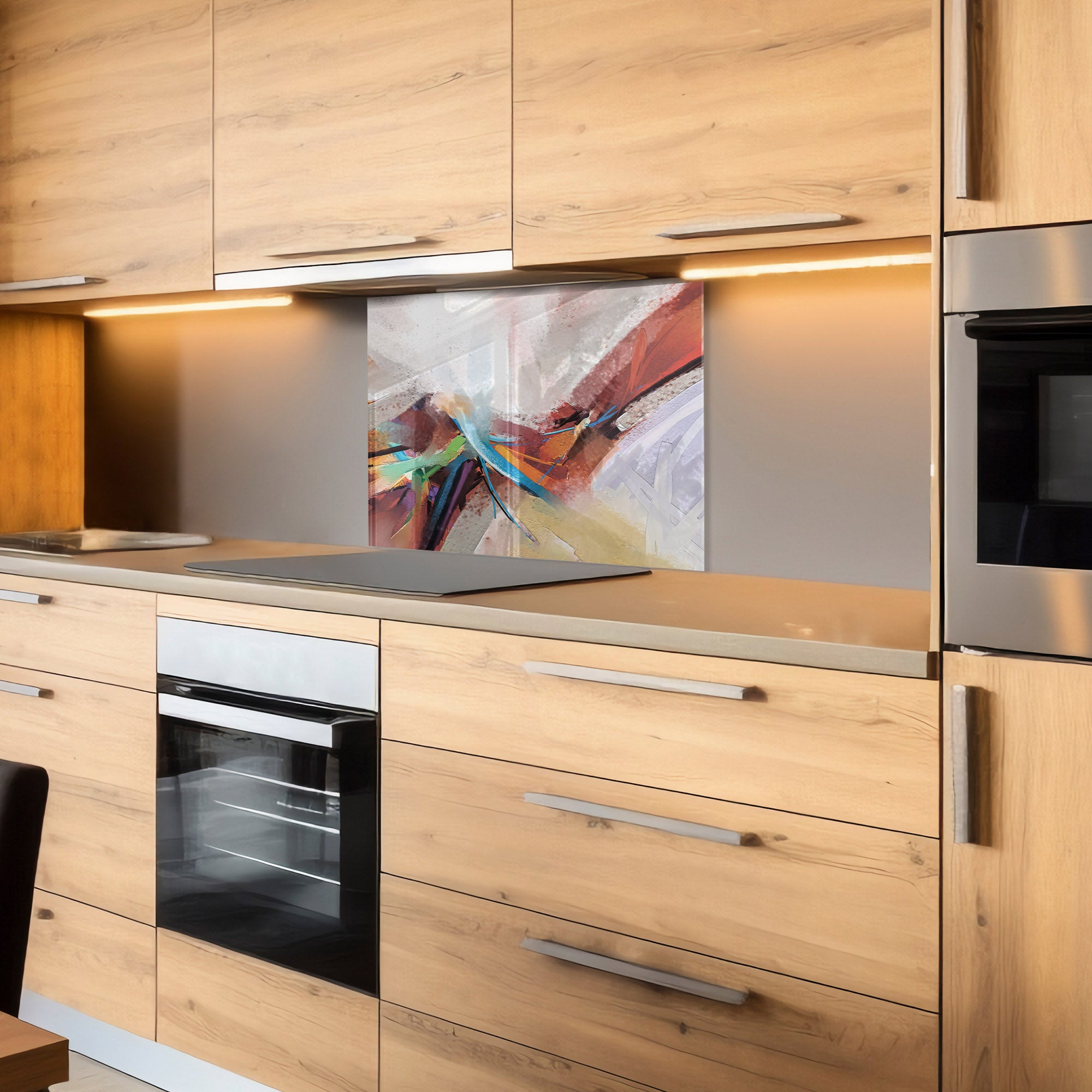 Abstract Color Splash Tempered Glass Backsplash – Modern Kitchen Wall Protector