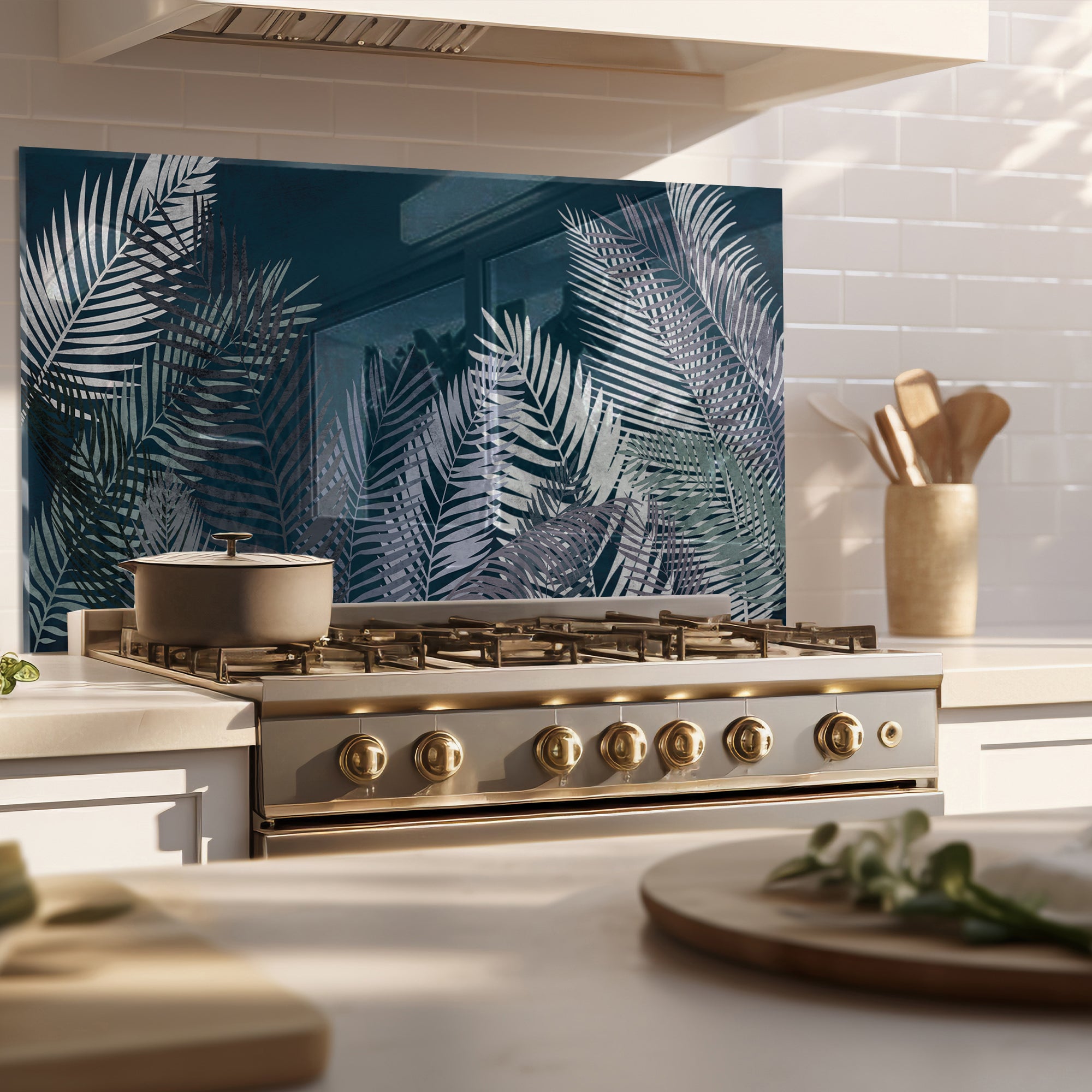Midnight Palm Leaves Tempered Glass Backsplash – Dark Tropical Kitchen Panel