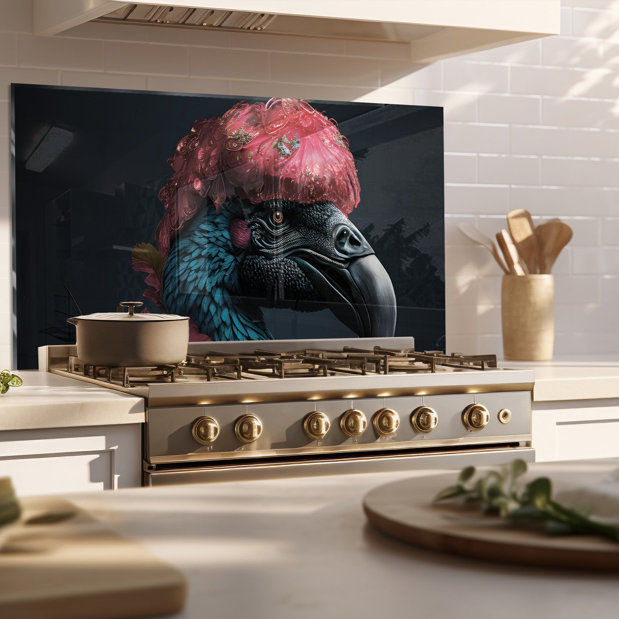 Royal Parrot Glass Backsplash – Bold Exotic Bird Kitchen Panel