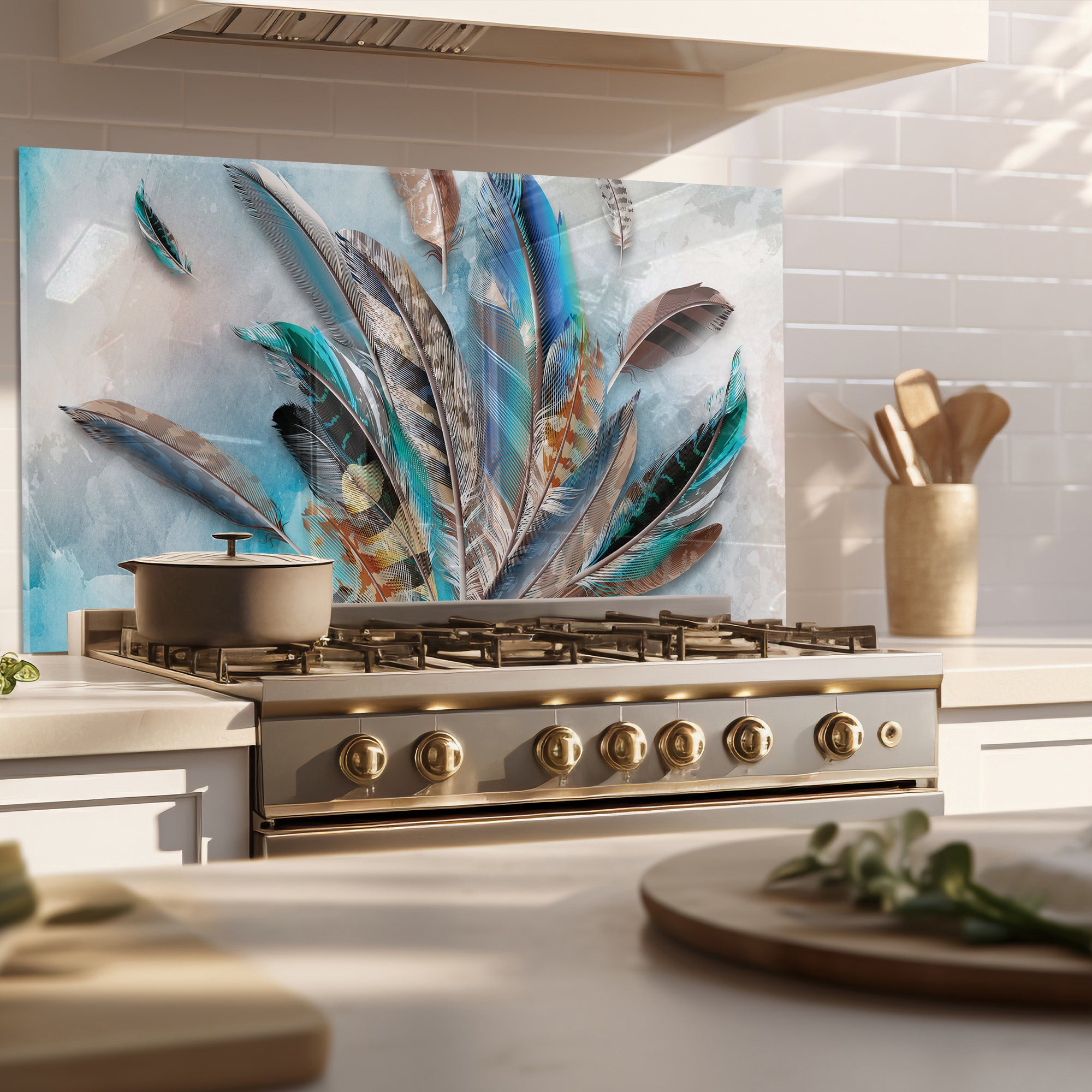 Feather Burst Tempered Glass Backsplash – Colorful Kitchen Art Panel