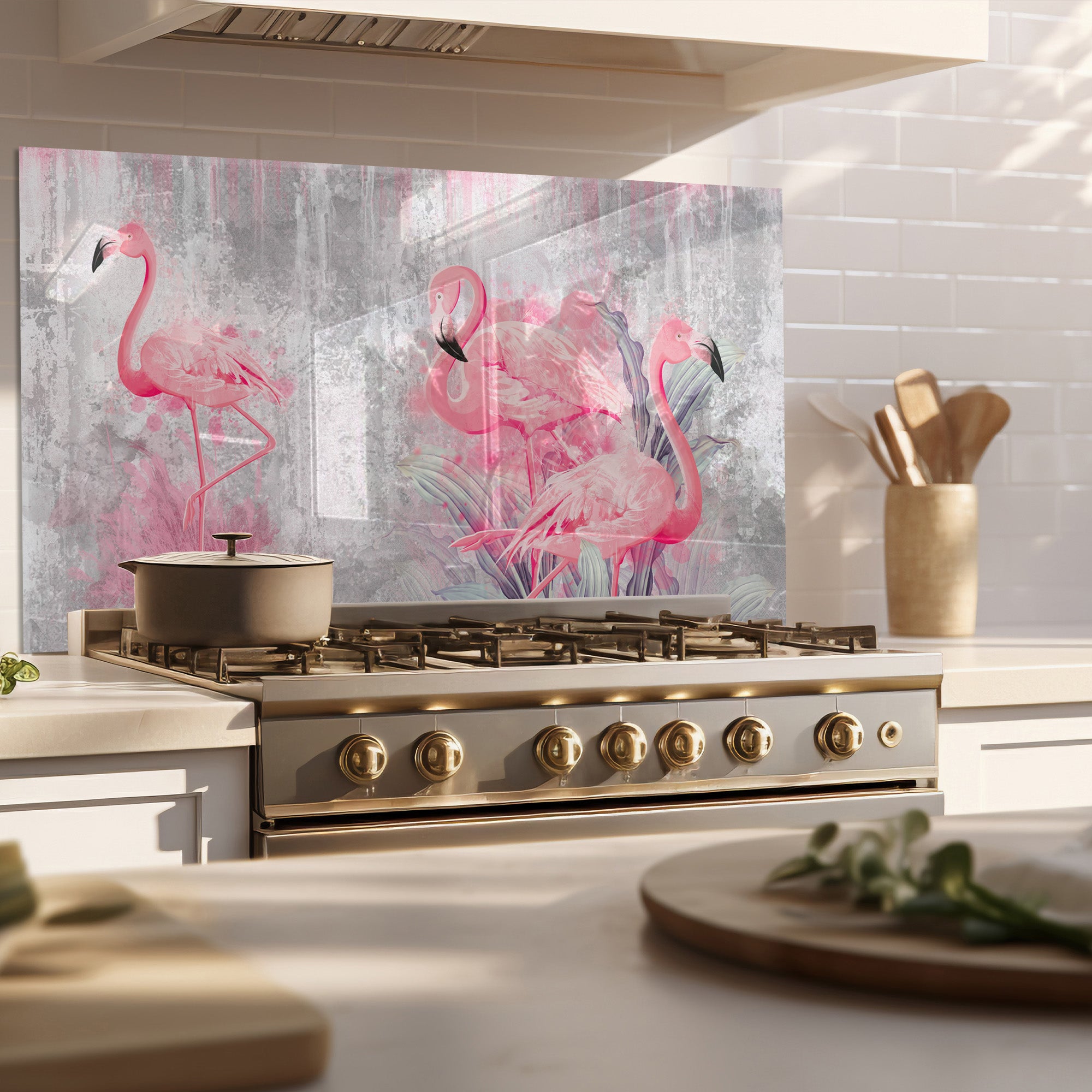 Pink Flamingos Tempered Glass Backsplash – Tropical Kitchen Art Panel