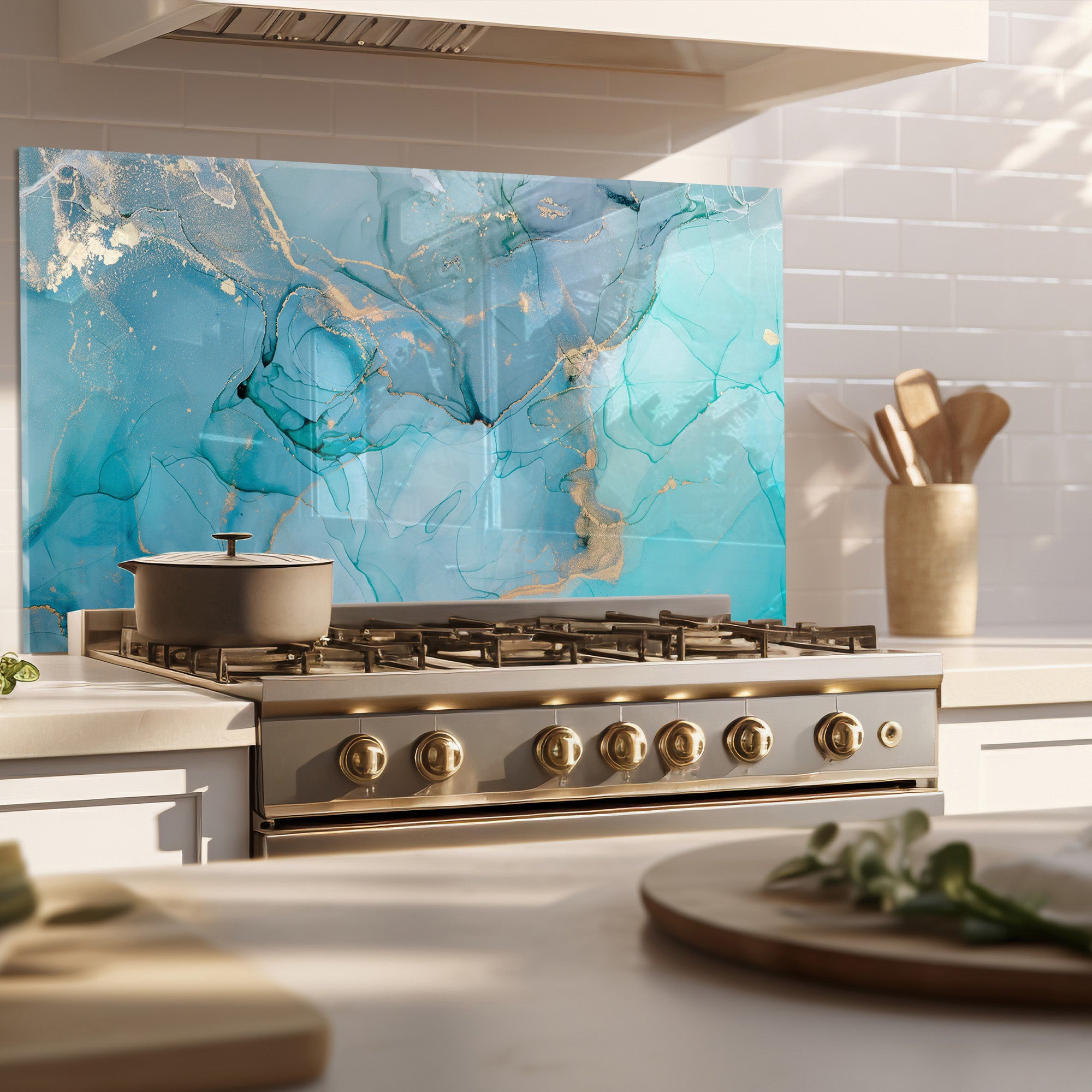 Aqua Marble Tempered Glass Backsplash – Turquoise & Gold Abstract Kitchen Panel