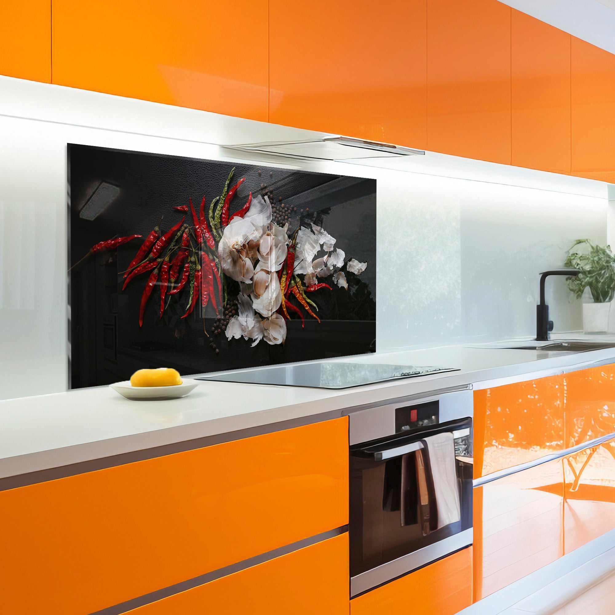 Chili & Garlic Tempered Glass Backsplash – Bold Spicy Kitchen Wall Panel