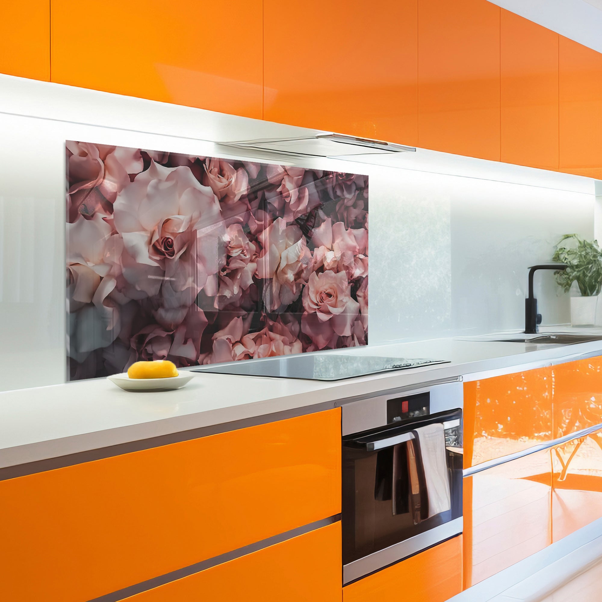 Pink Roses Tempered Glass Backsplash – Romantic Floral Kitchen Panel