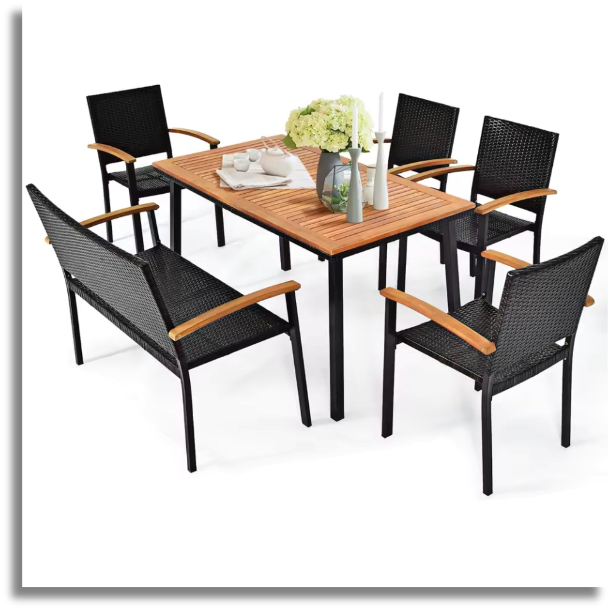 6PCS Patio Dining Set by Add2Home – Acacia Wood Table & Rattan Seating