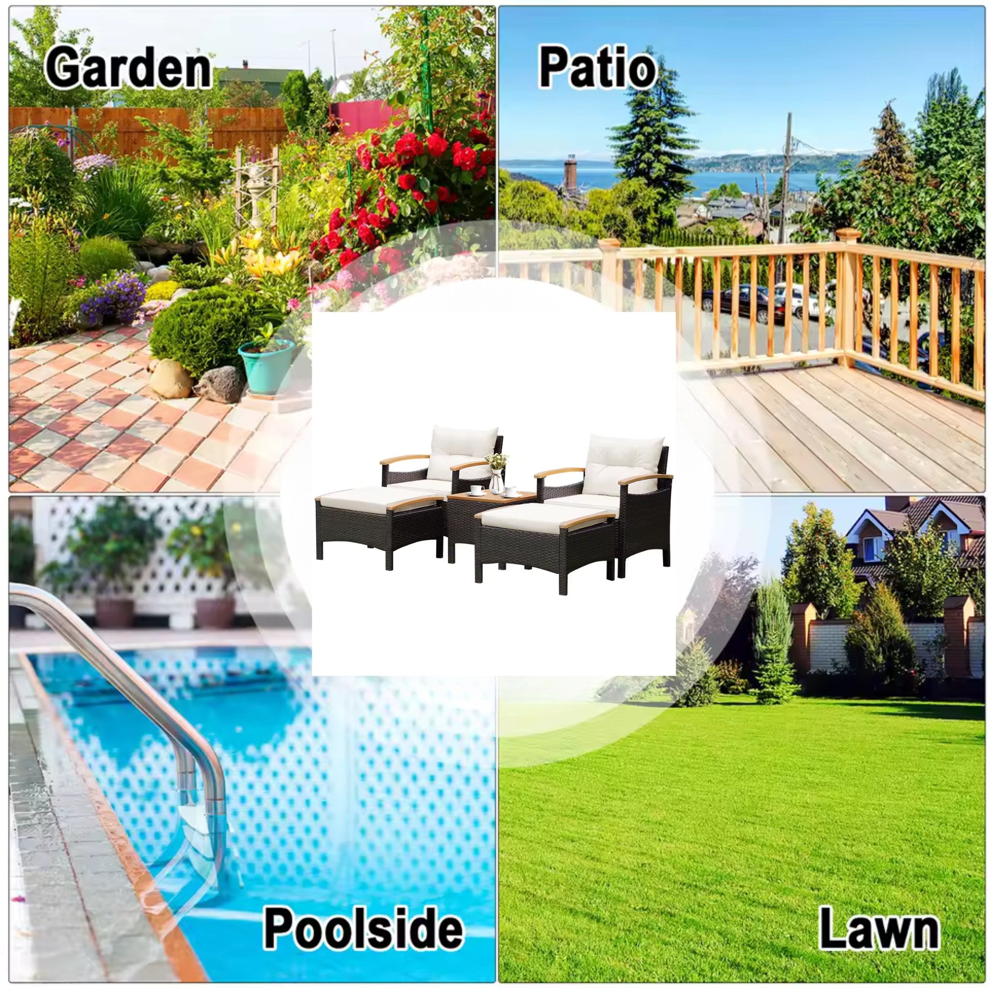 5PCS Patio Sofa Set by Add2Home – Rattan Chairs & Ottomans with Wood Top Table