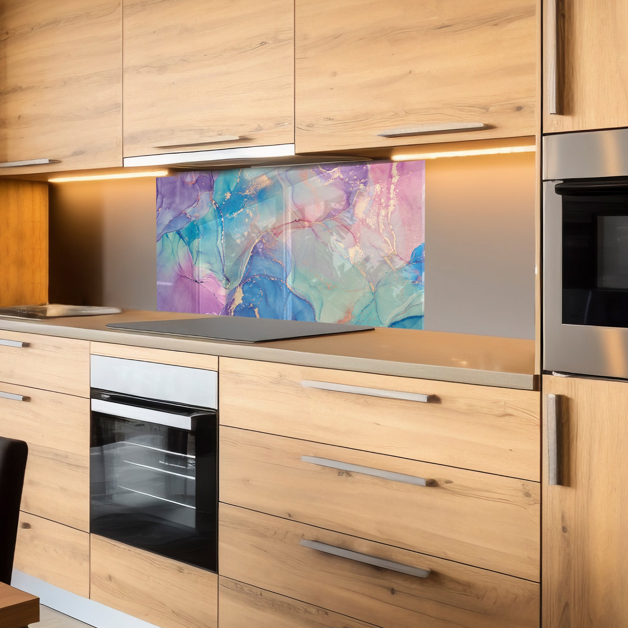 Colorful Ink Marble Glass Backsplash – Purple & Blue Abstract Kitchen Panel