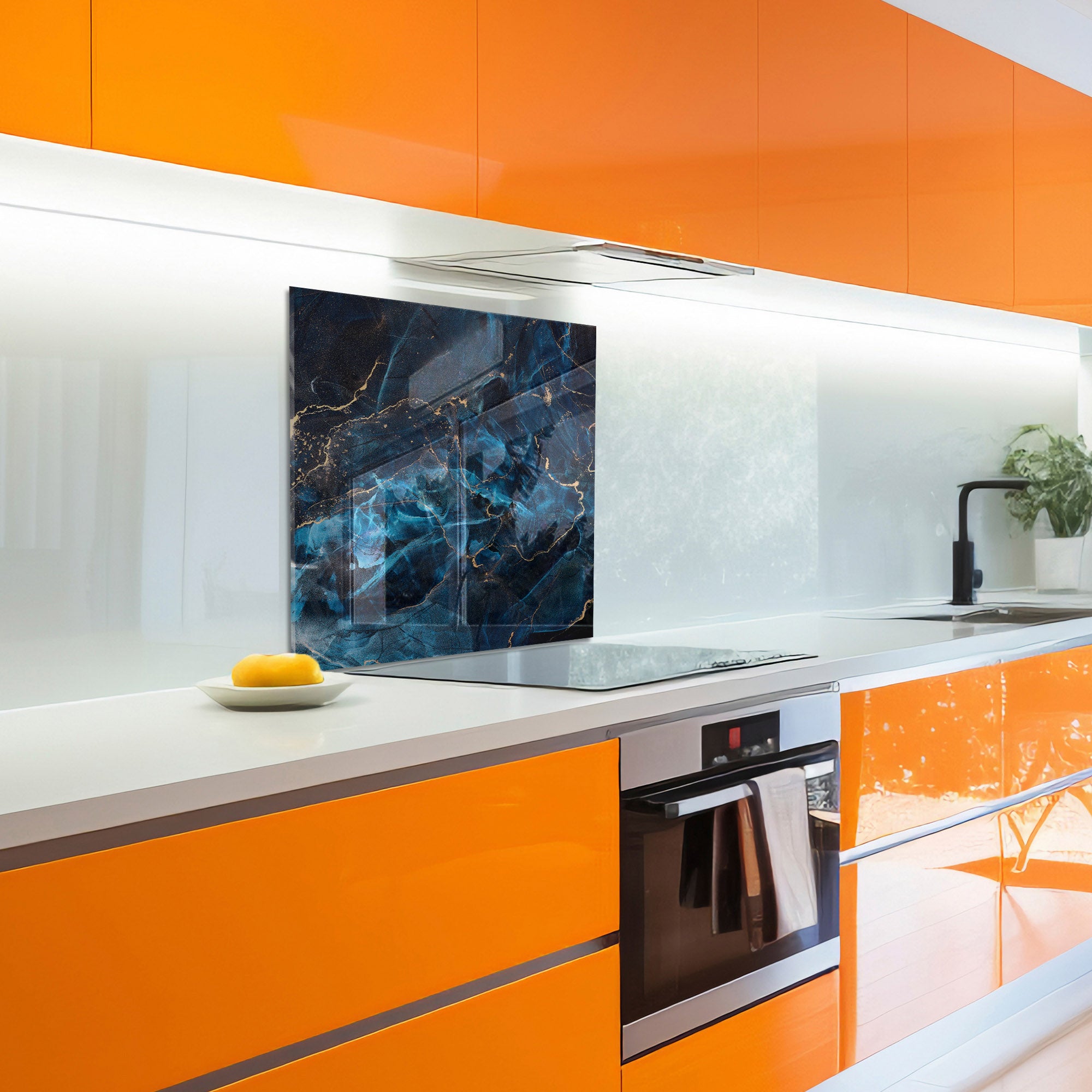 Blue Marble Tempered Glass Backsplash – Luxury Gold Vein Kitchen Panel
