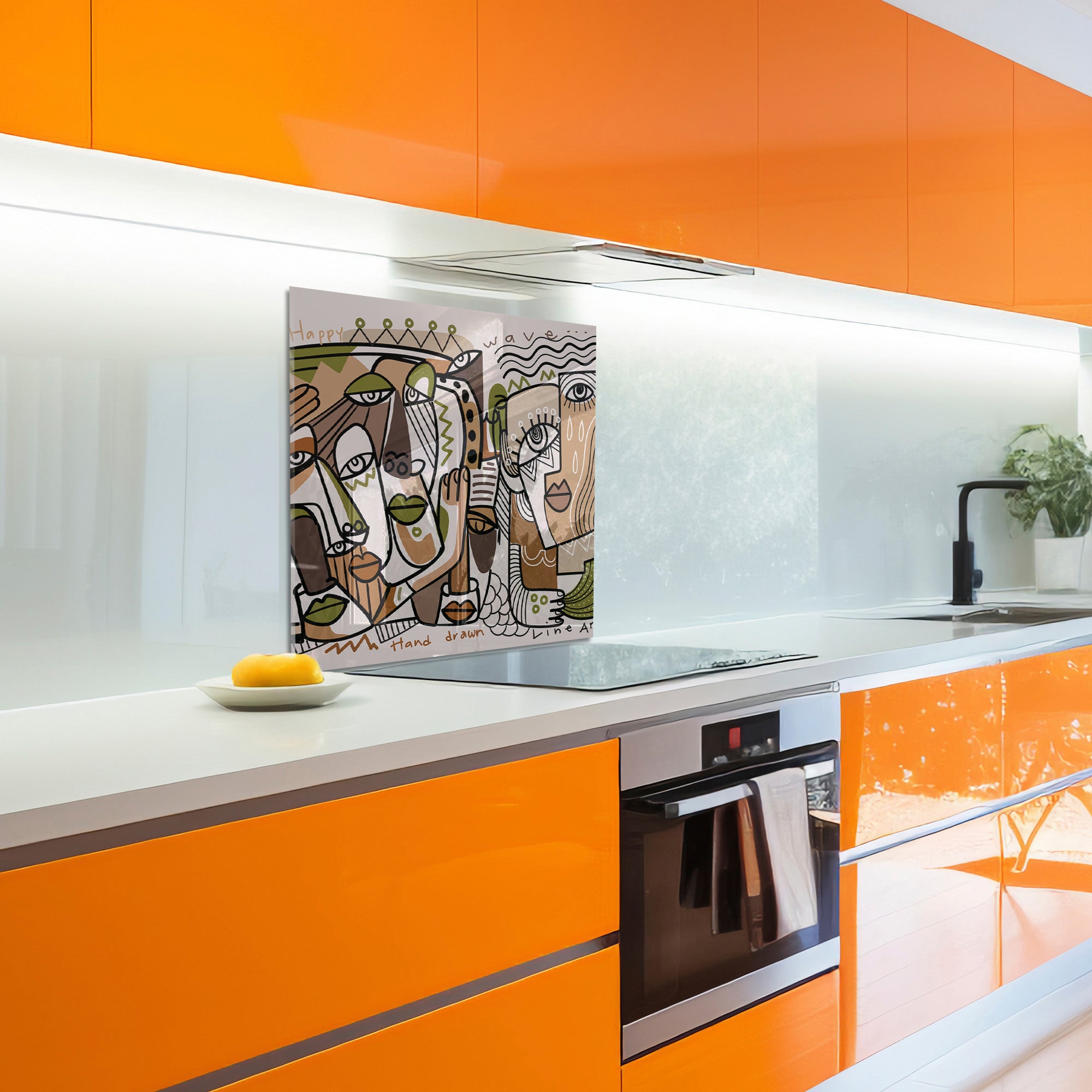 Cubist Faces Tempered Glass Backsplash – Abstract Modern Art Kitchen Panel