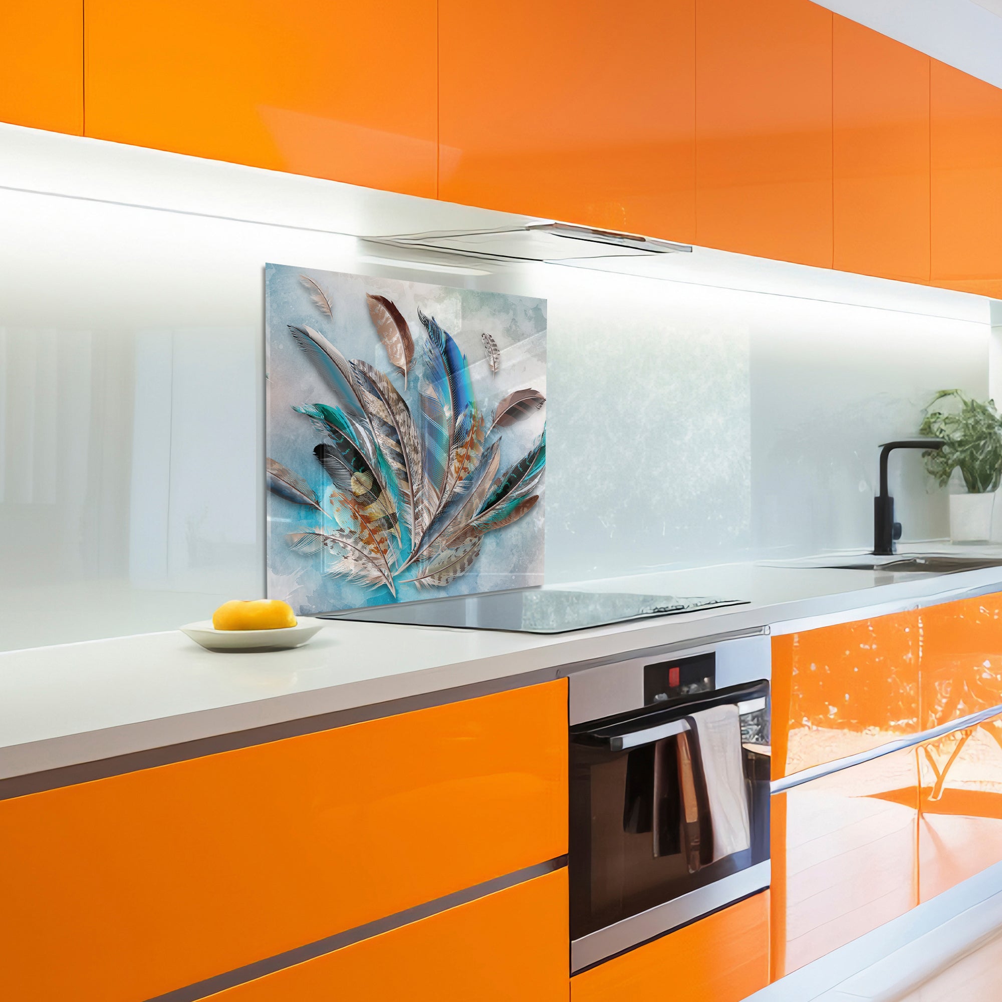 Feather Burst Tempered Glass Backsplash – Colorful Kitchen Art Panel