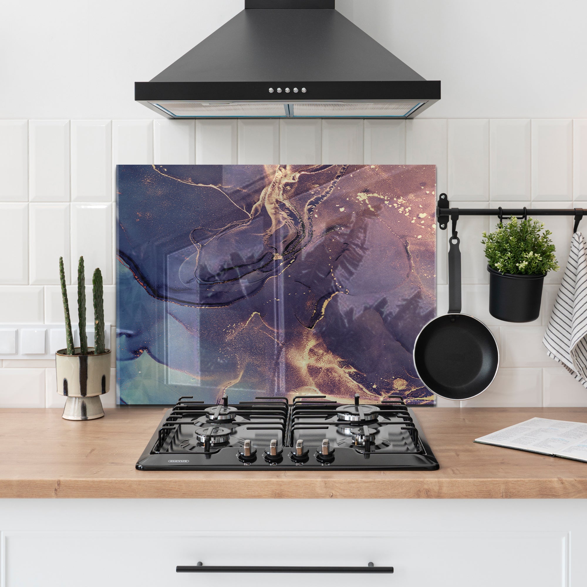 Ink Marble Tempered Glass Backsplash – Blue & Gold Abstract Kitchen Panel