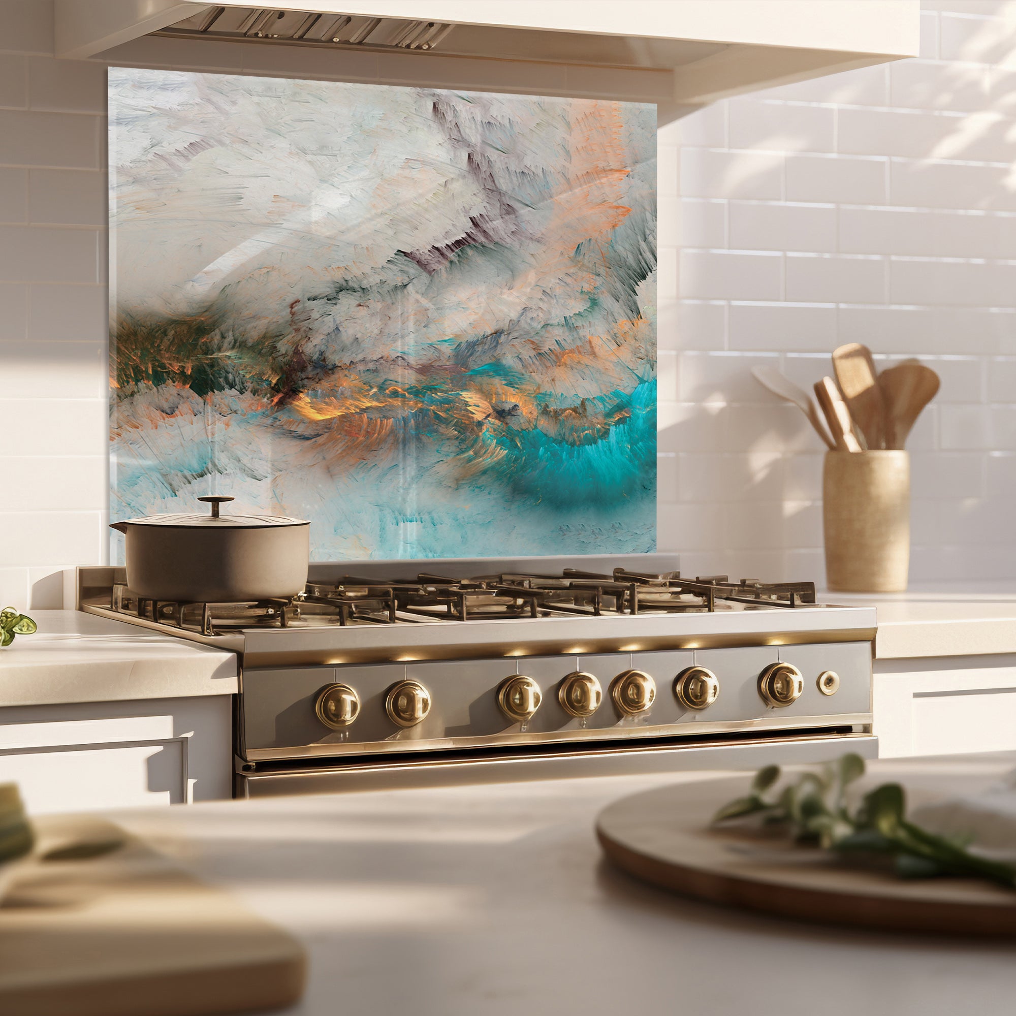 Abstract Ocean Mist Tempered Glass Backsplash – Turquoise & Copper Art Panel