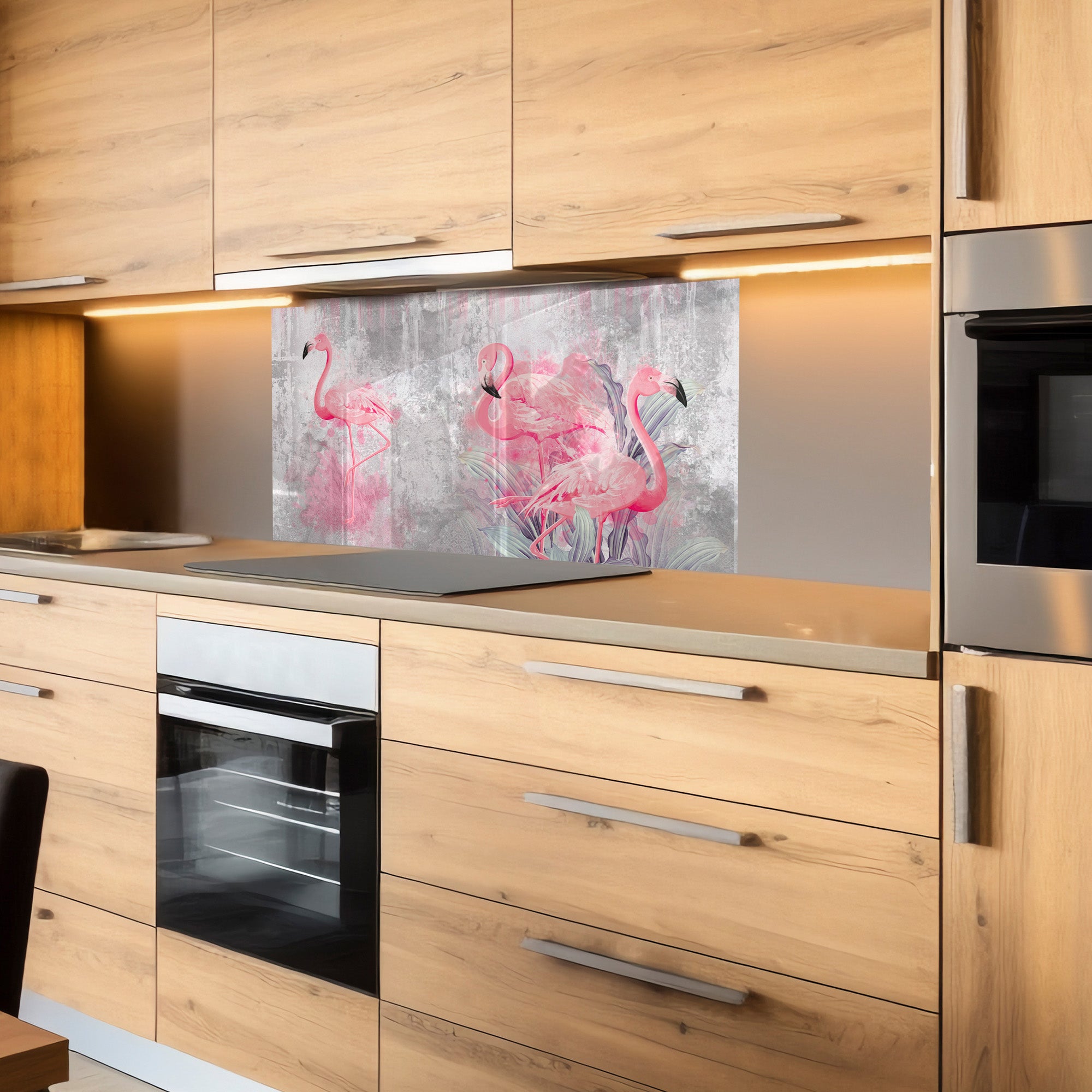 Pink Flamingos Tempered Glass Backsplash – Tropical Kitchen Art Panel
