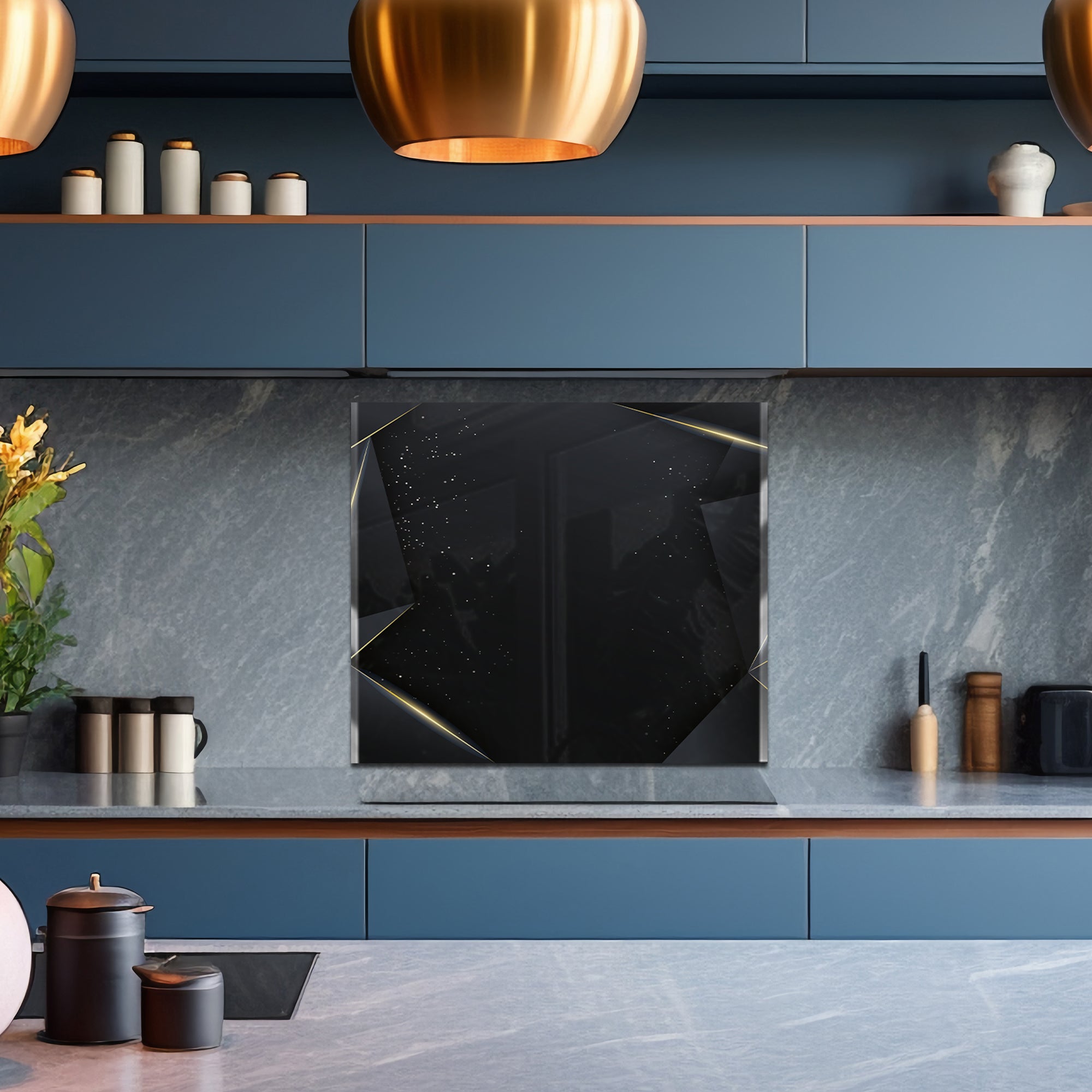 Black & Gold Geometric Tempered Glass Backsplash – Luxury Kitchen Panel