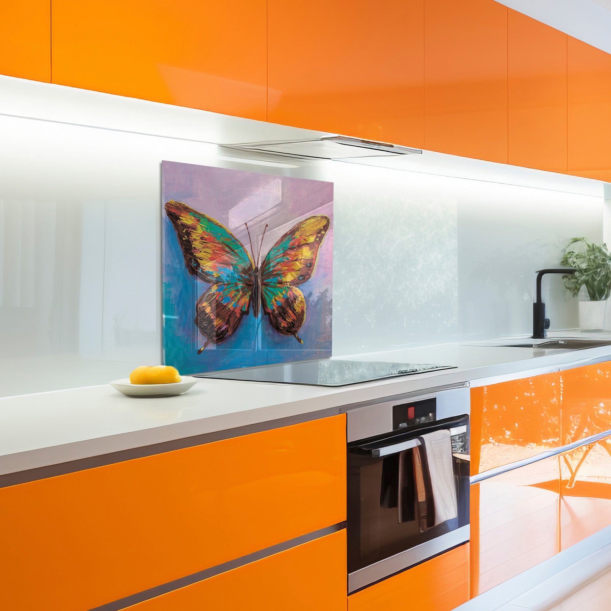 Colorful Butterfly Tempered Glass Backsplash – Artistic Kitchen Wall Panel
