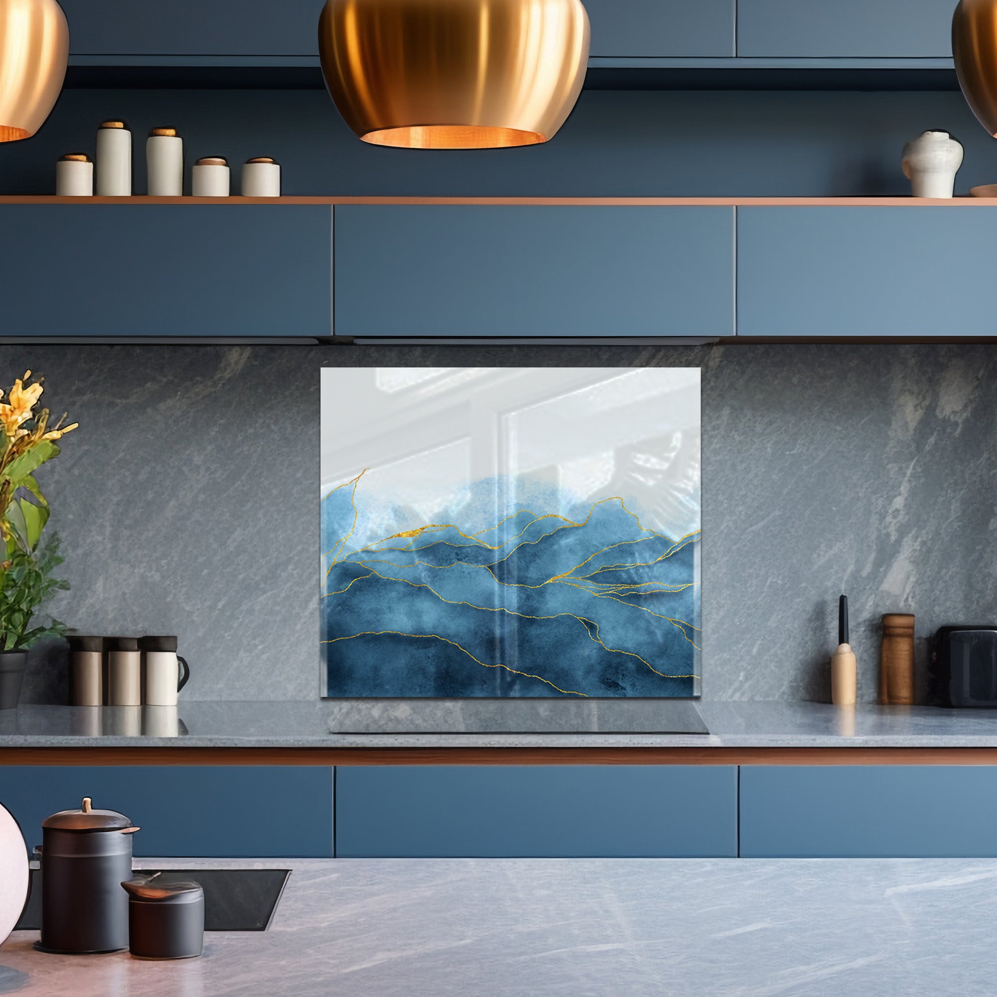 Blue Mountains Glass Backsplash – Gold Line Abstract Kitchen Panel