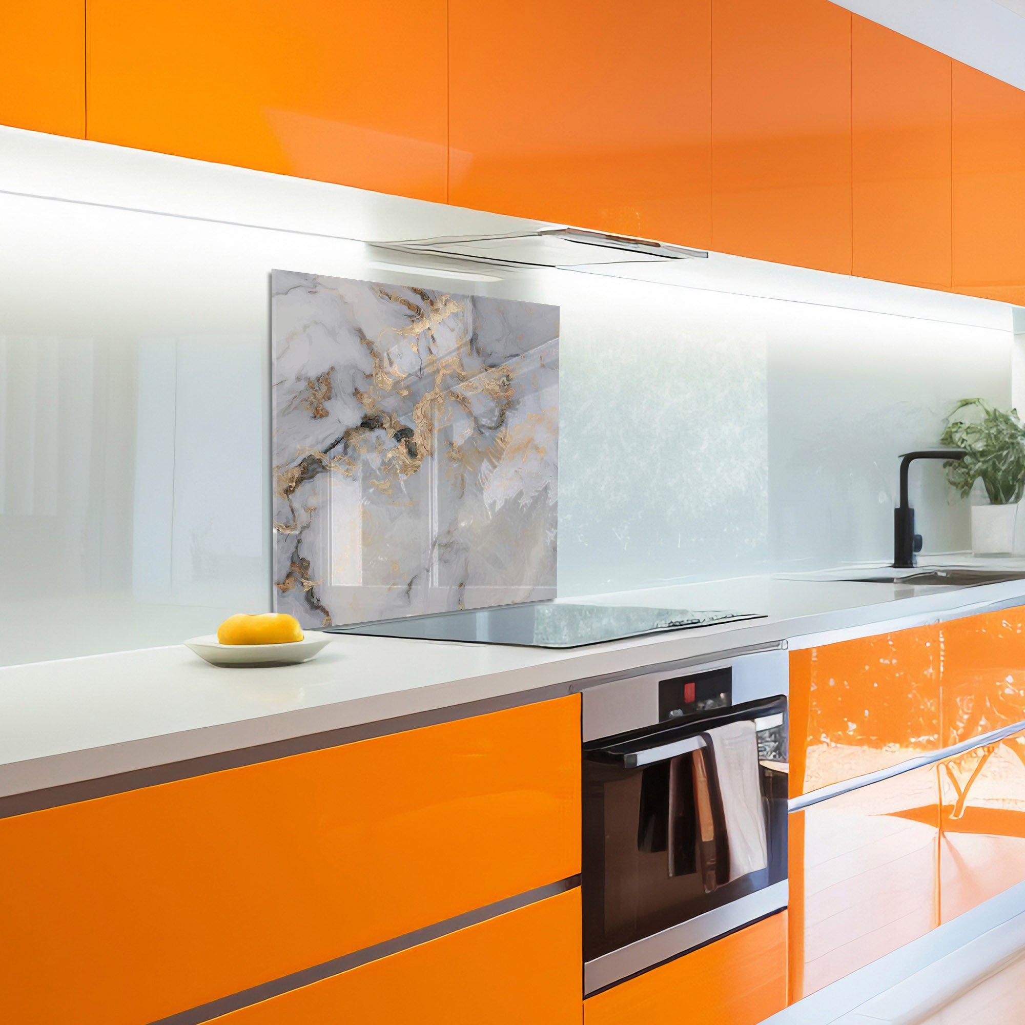 White & Gold Marble Tempered Glass Backsplash – Elegant Kitchen Wall Panel