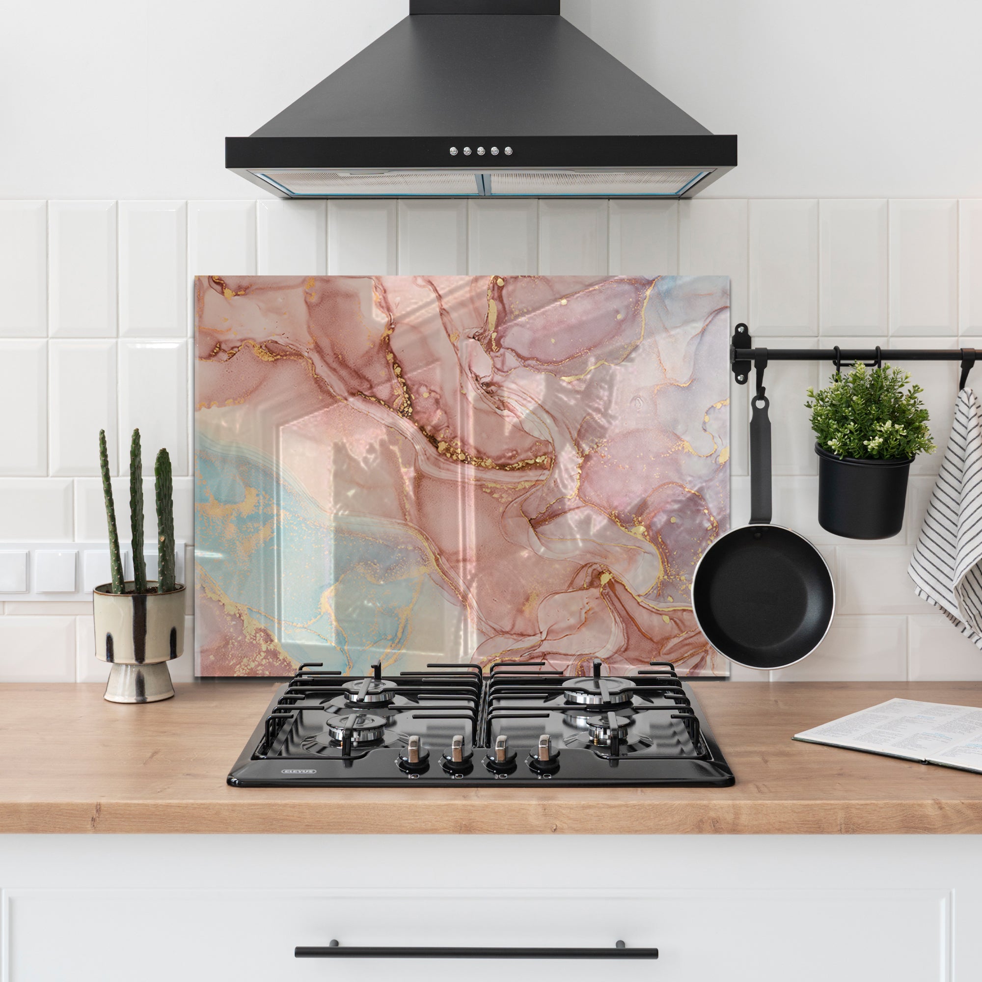 Pink Ink Marble Glass Backsplash – Elegant Abstract Kitchen Panel
