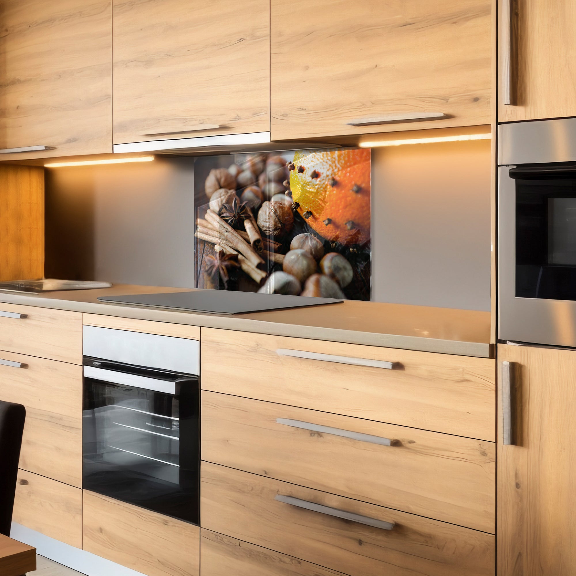 Spices & Nuts Tempered Glass Backsplash – Warm Gourmet Kitchen Panel