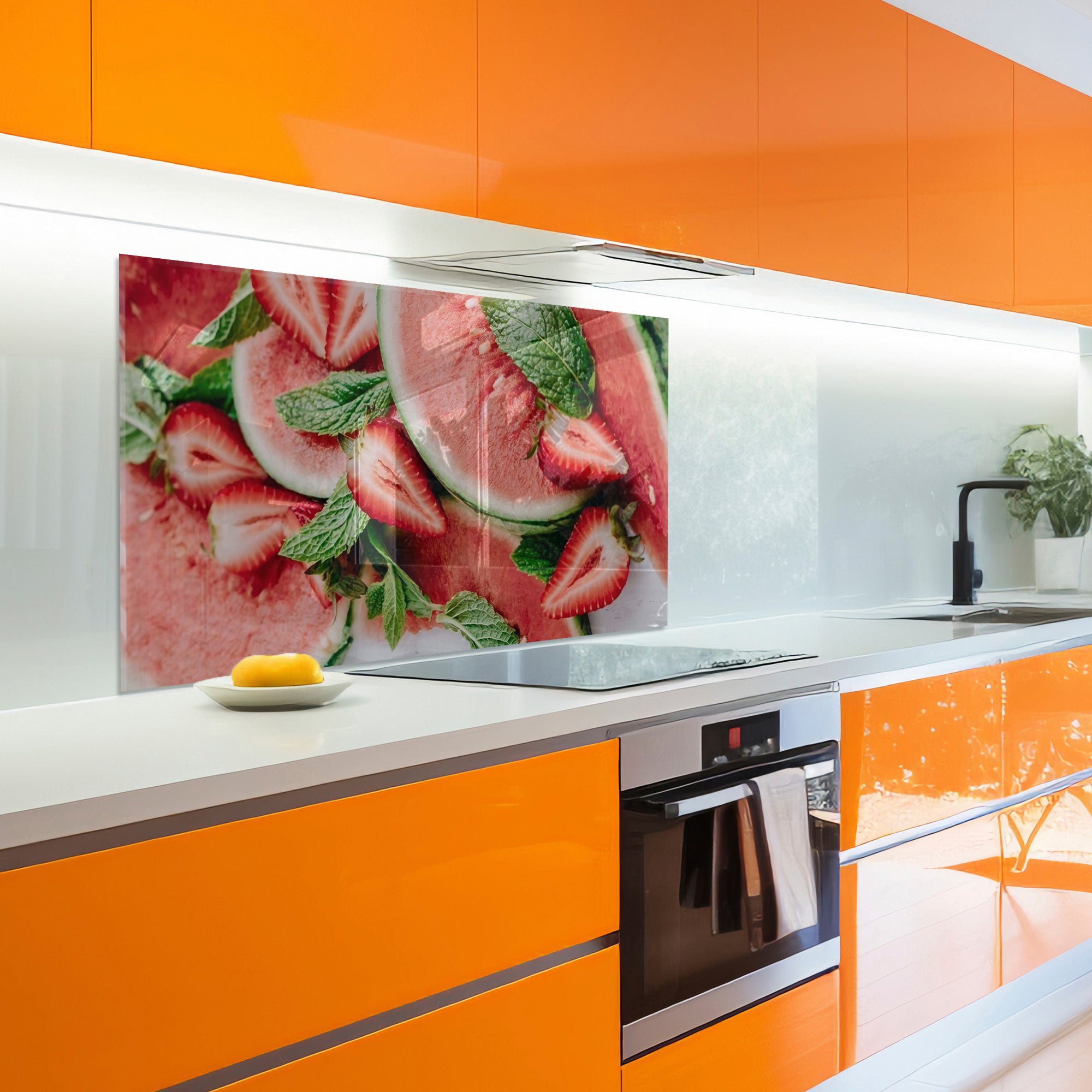 Watermelon & Strawberry Tempered Glass Backsplash – Fresh Summer Kitchen Panel