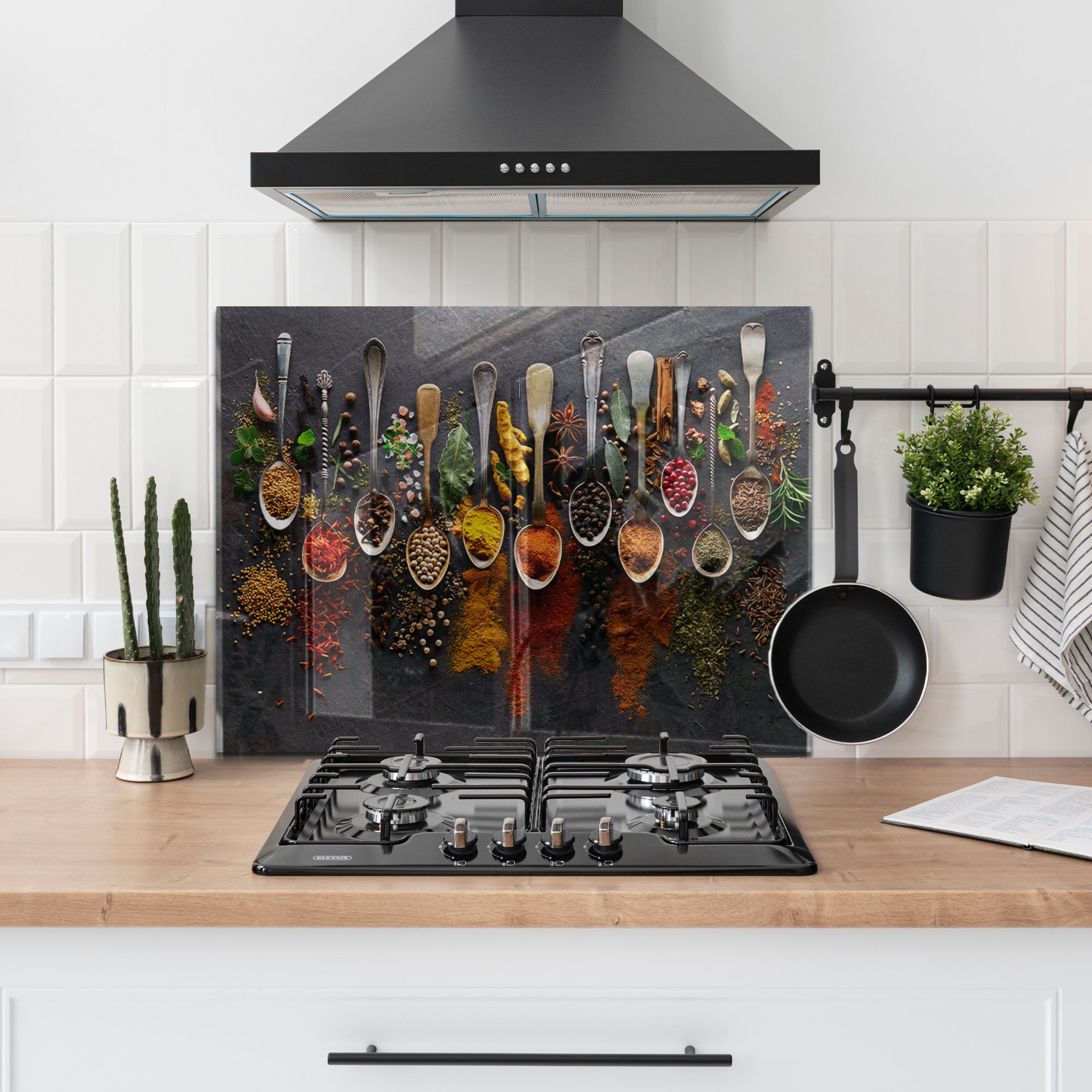 Spices on Dark Stone Tempered Glass Backsplash – Gourmet Kitchen Wall Panel