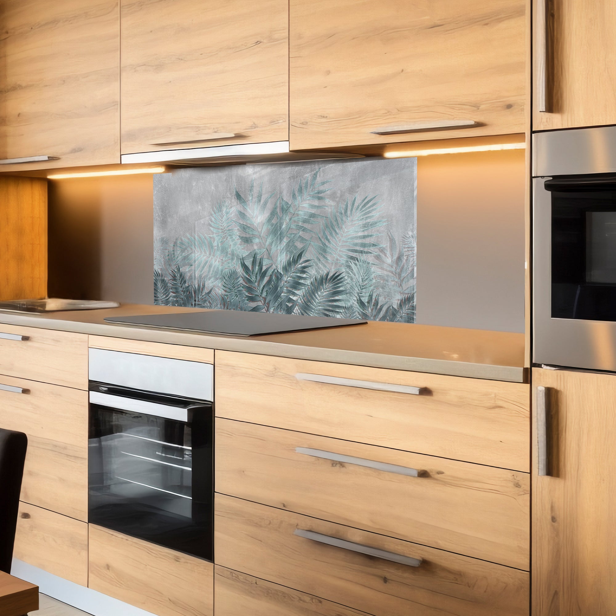 Tropical Leaves Tempered Glass Backsplash – Modern Botanical Kitchen Panel