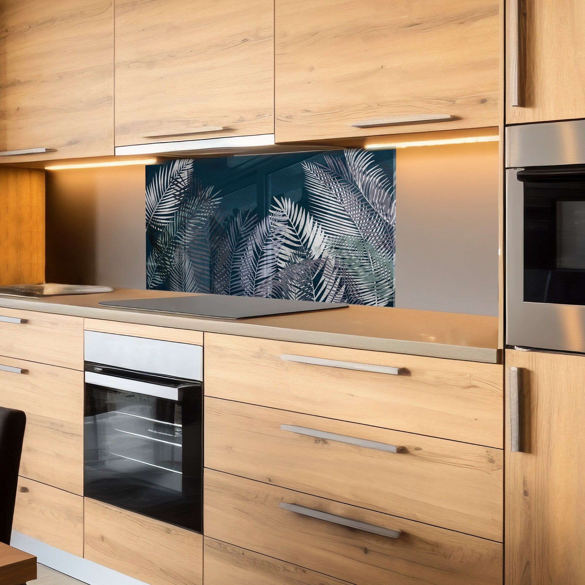 Midnight Palm Leaves Tempered Glass Backsplash – Dark Tropical Kitchen Panel