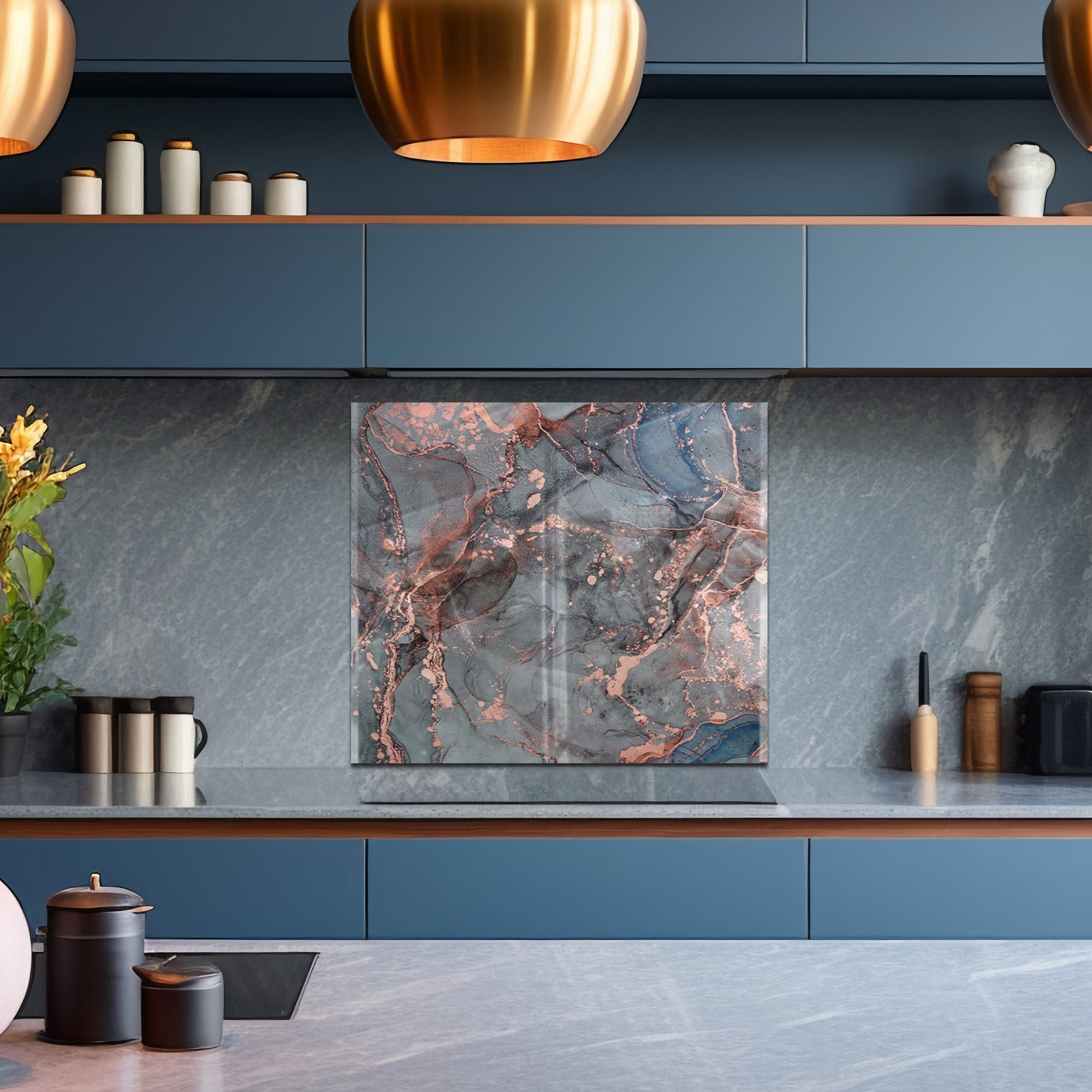 Smoky Rose Marble Tempered Glass Backsplash – Grey & Copper Abstract Panel