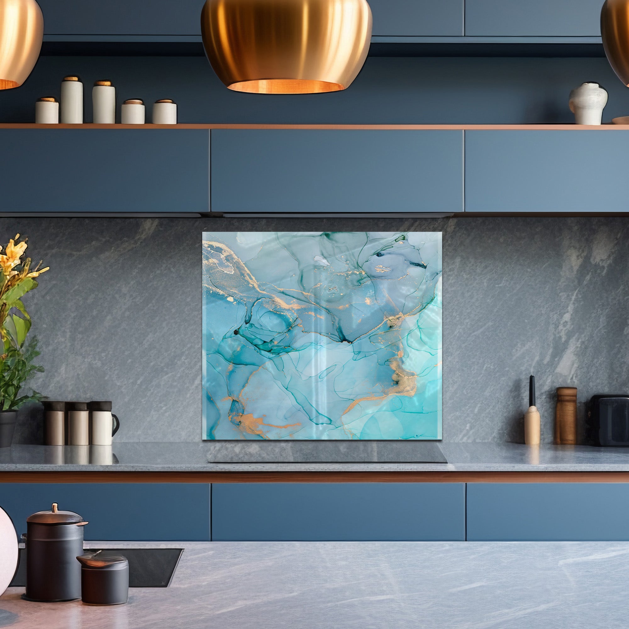 Aqua Marble Tempered Glass Backsplash – Turquoise & Gold Abstract Kitchen Panel
