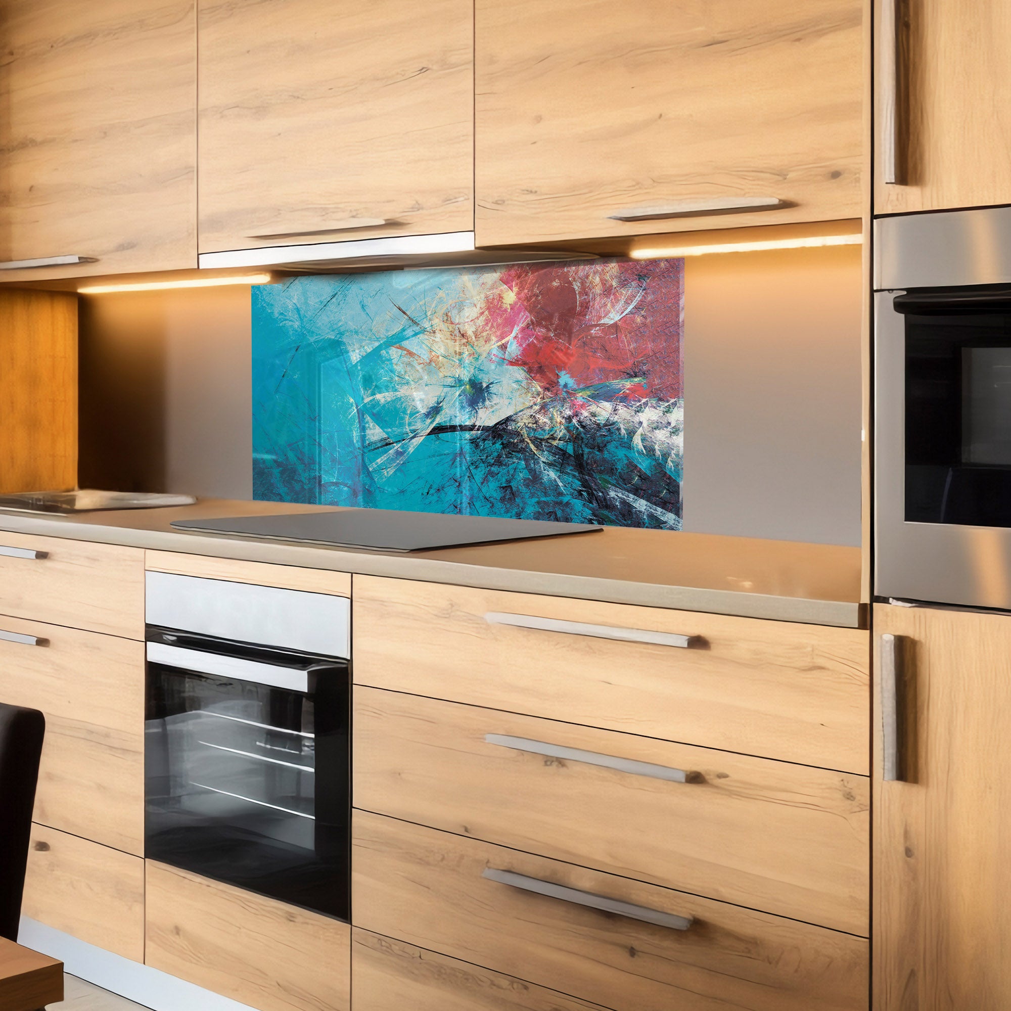 Color Burst Abstract Tempered Glass Backsplash – Vibrant Heat-Resistant Kitchen Panel