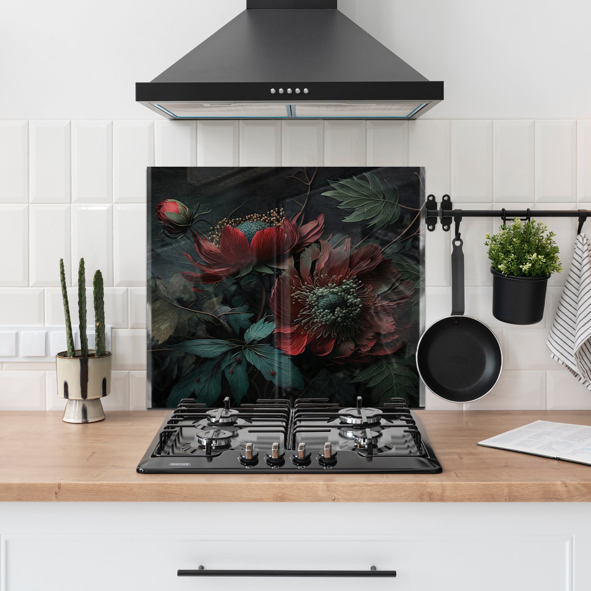 Dark Floral Elegance – Glass Kitchen Backsplash Panel