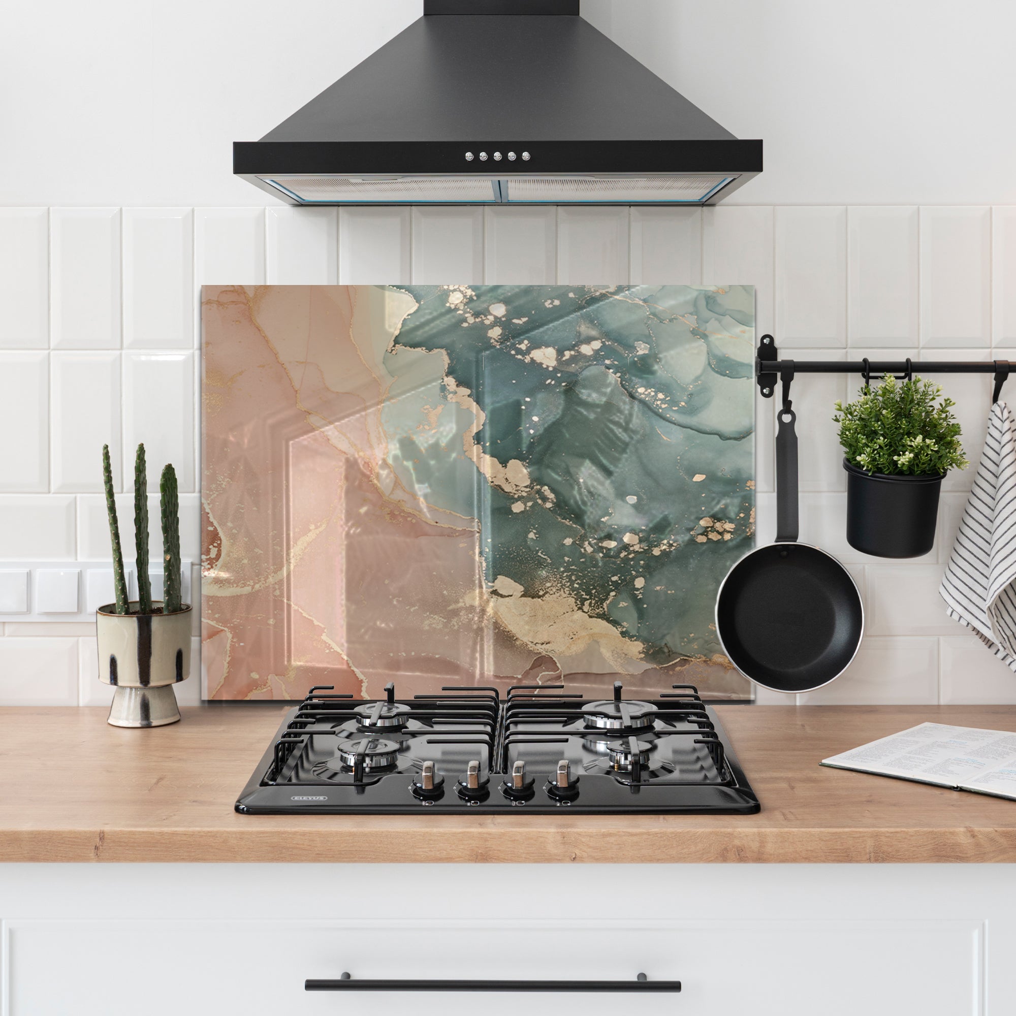 Green & Beige Ink Marble Glass Backsplash – Abstract Kitchen Panel