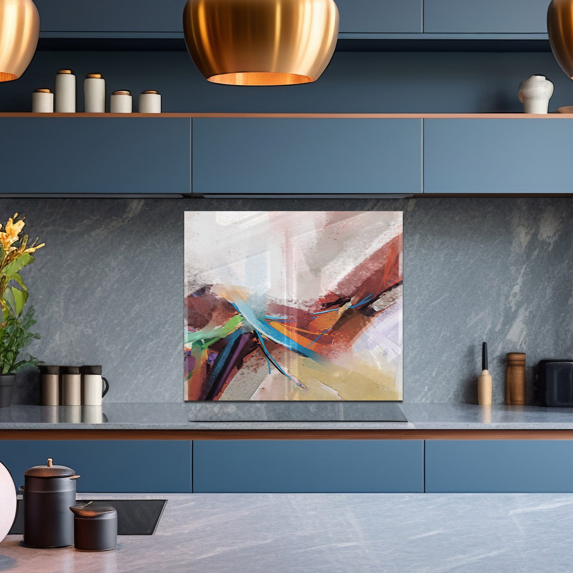 Abstract Color Splash Tempered Glass Backsplash – Modern Kitchen Wall Protector